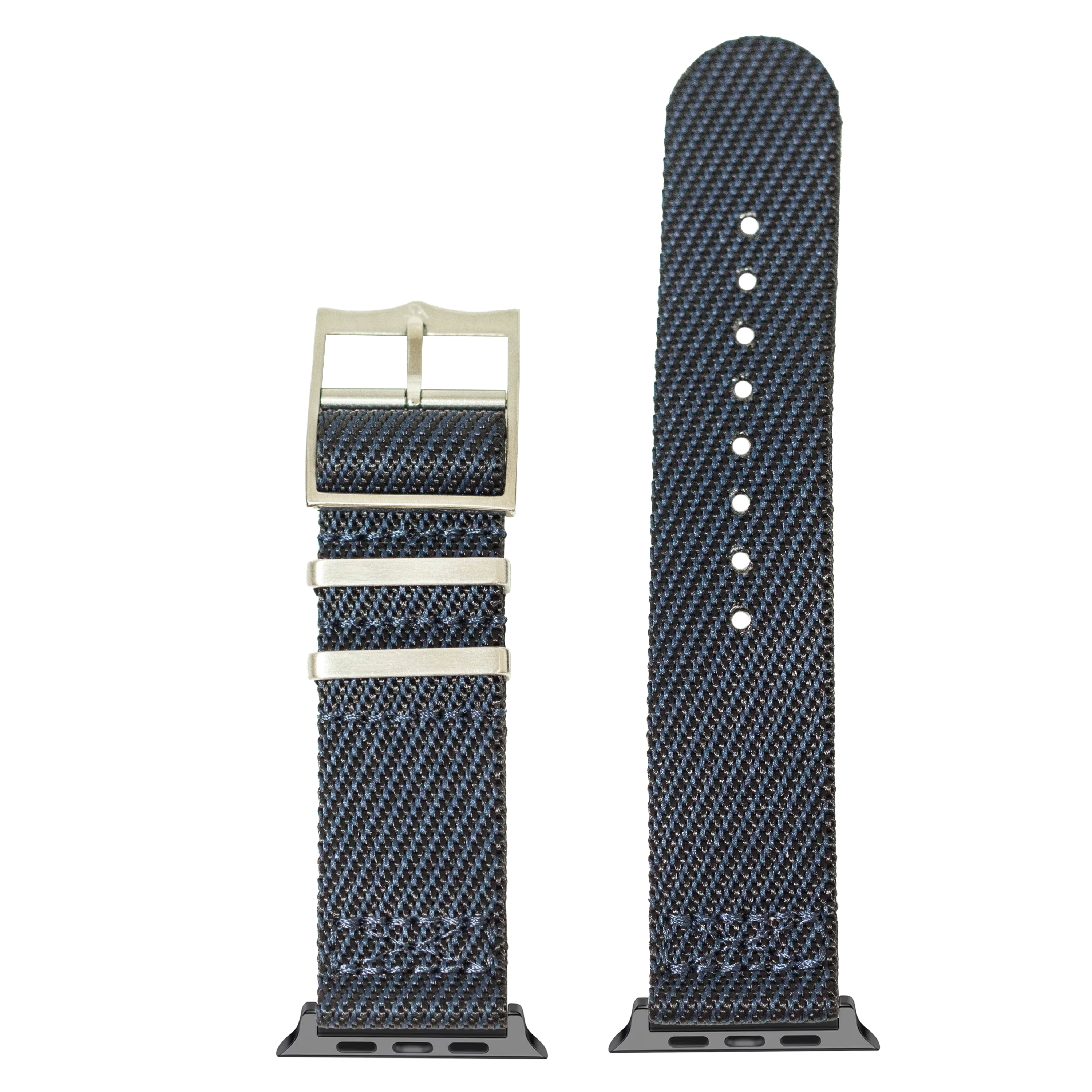 Blue and black woven fabric smartwatch band with stainless steel buckle and connector adapter for Apple Watch