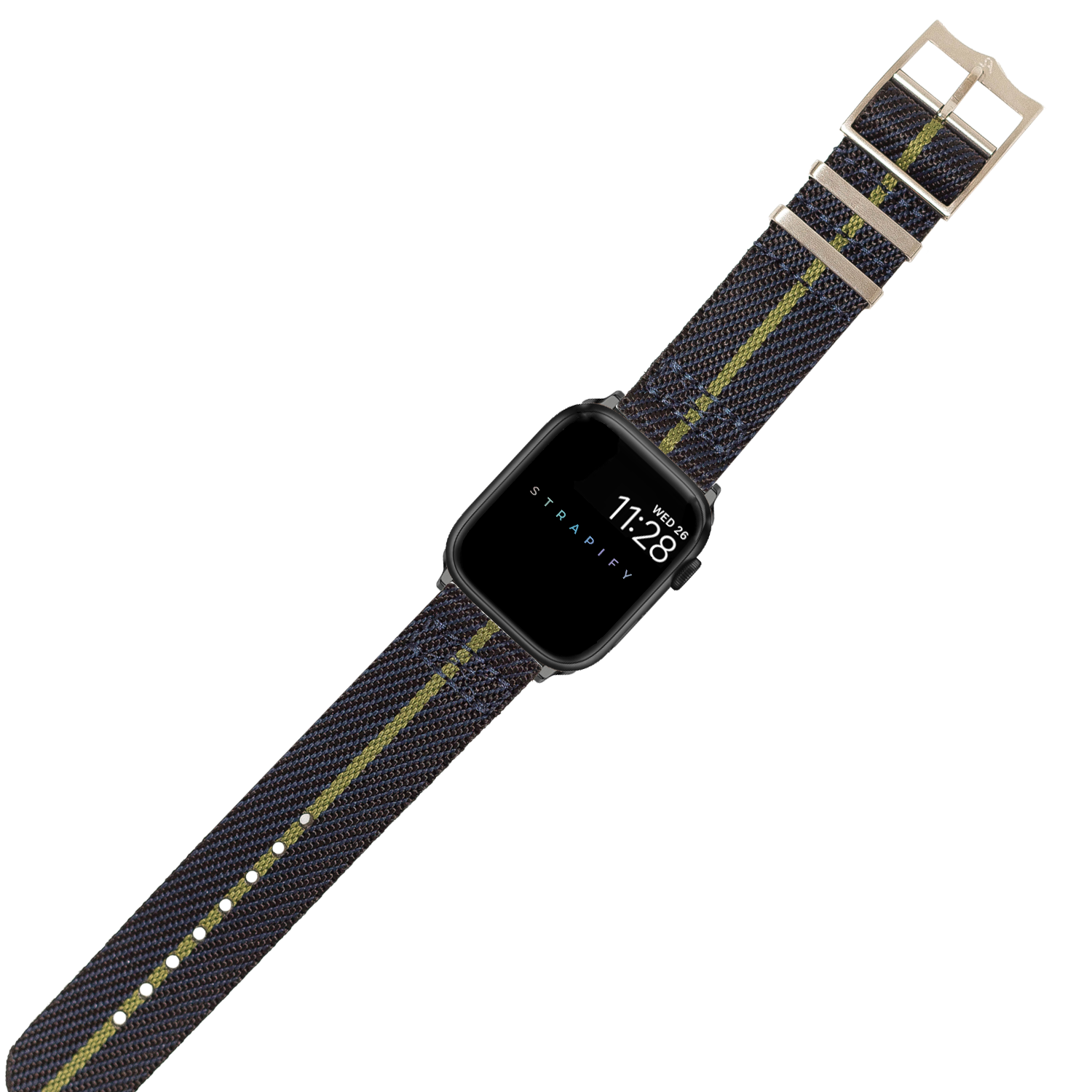 Black smartwatch with tactical nylon strap, yellow stripe detail, metal buckle hardware and digital display showing time