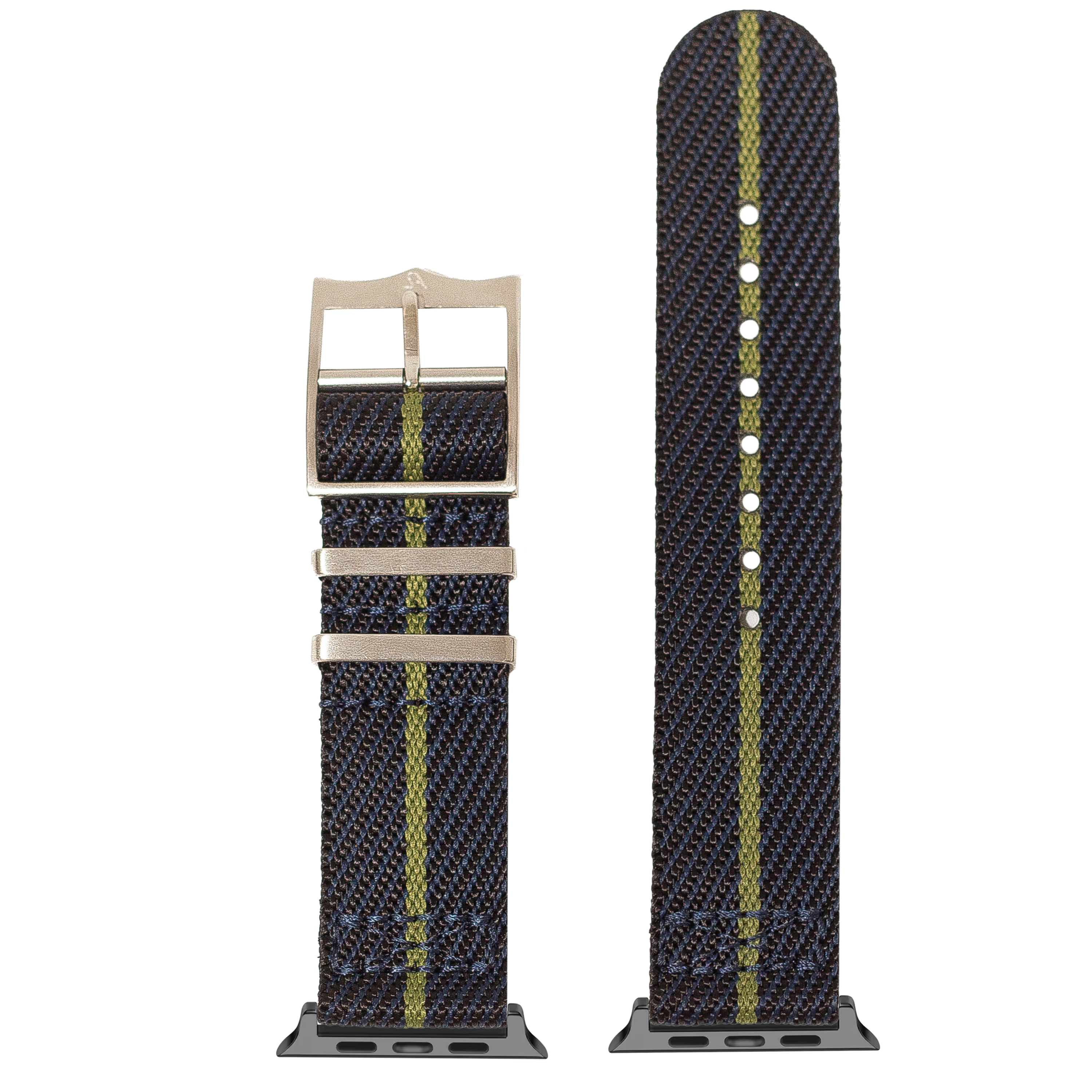 Woven fabric watch band in night blue with green stripe, showing assembled and unassembled views with metal buckle and adapters
