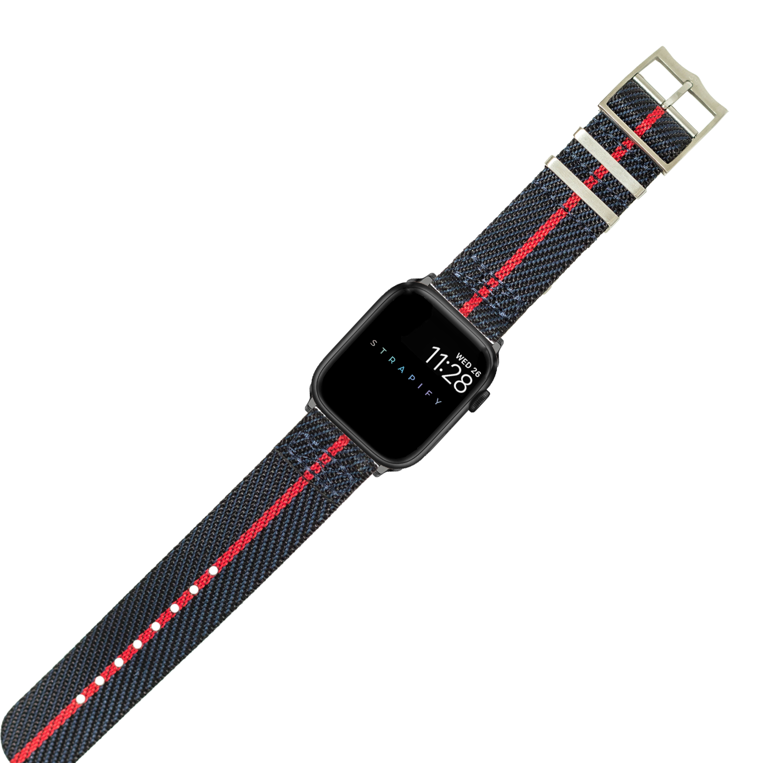 Black square smartwatch with Strapify military-style fabric band in navy blue and red stripe pattern with metal buckle