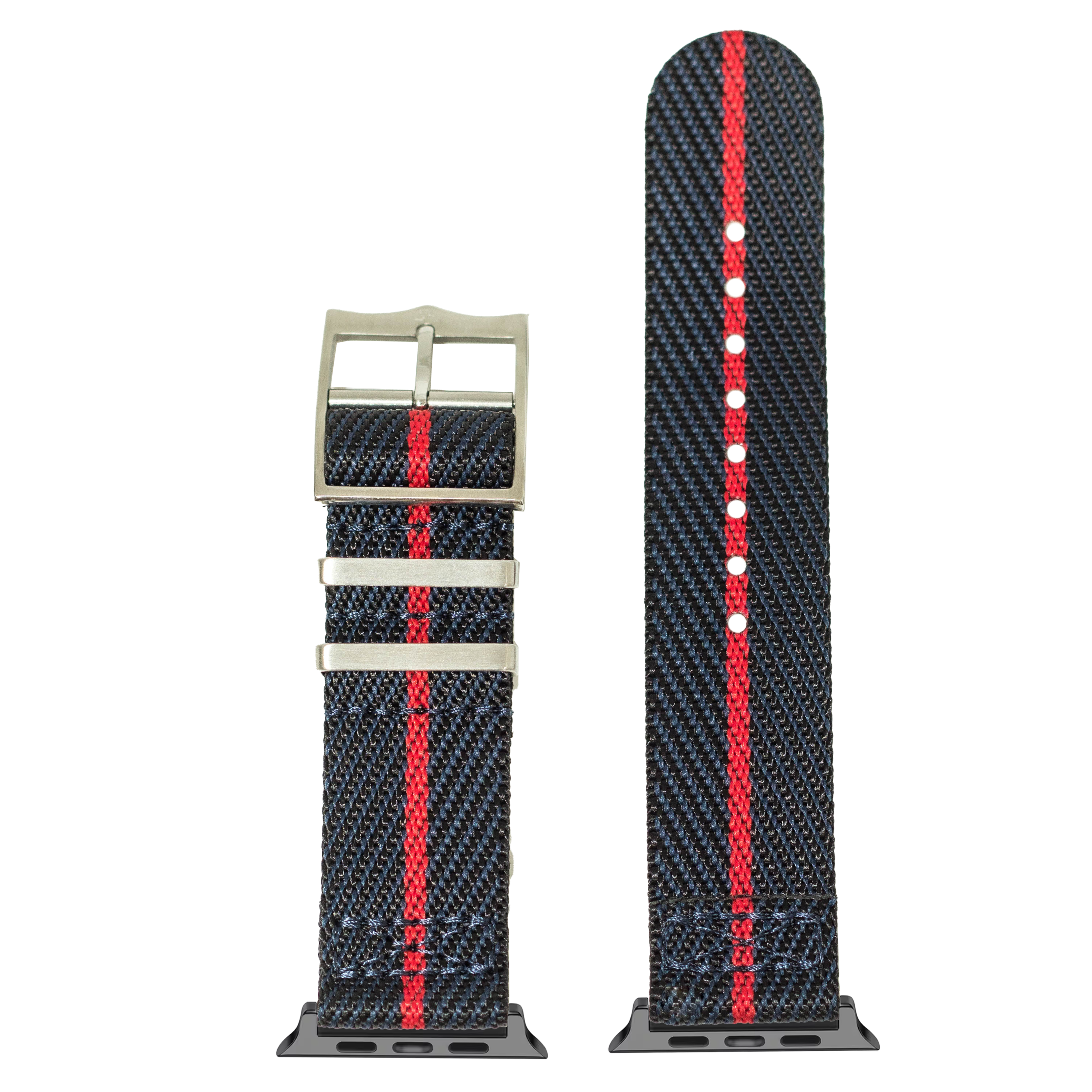 Black nylon watch band with red stripe and metal buckle for Apple Watch, military-style sports strap