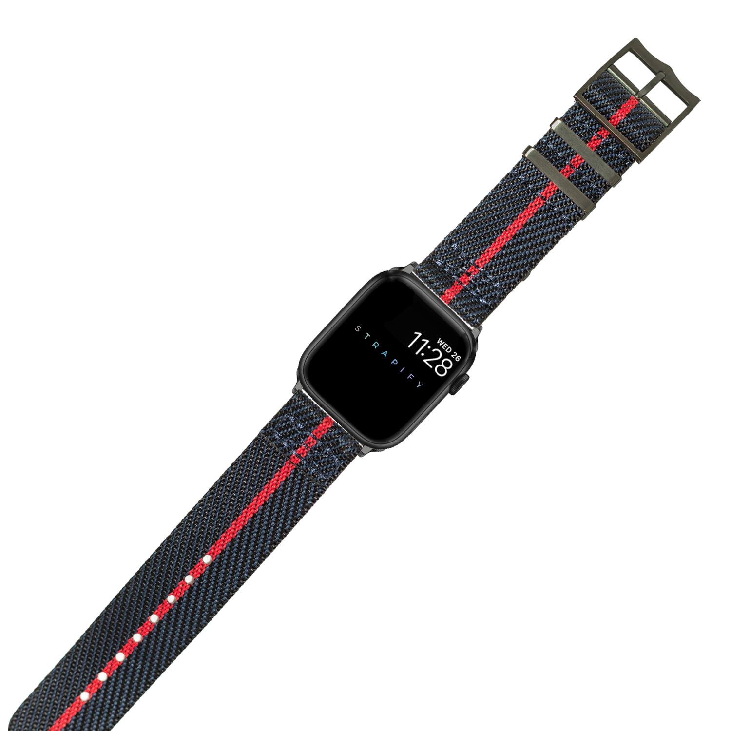 Black smartwatch with square face and woven nylon band featuring red and blue stripes, stainless steel hardware