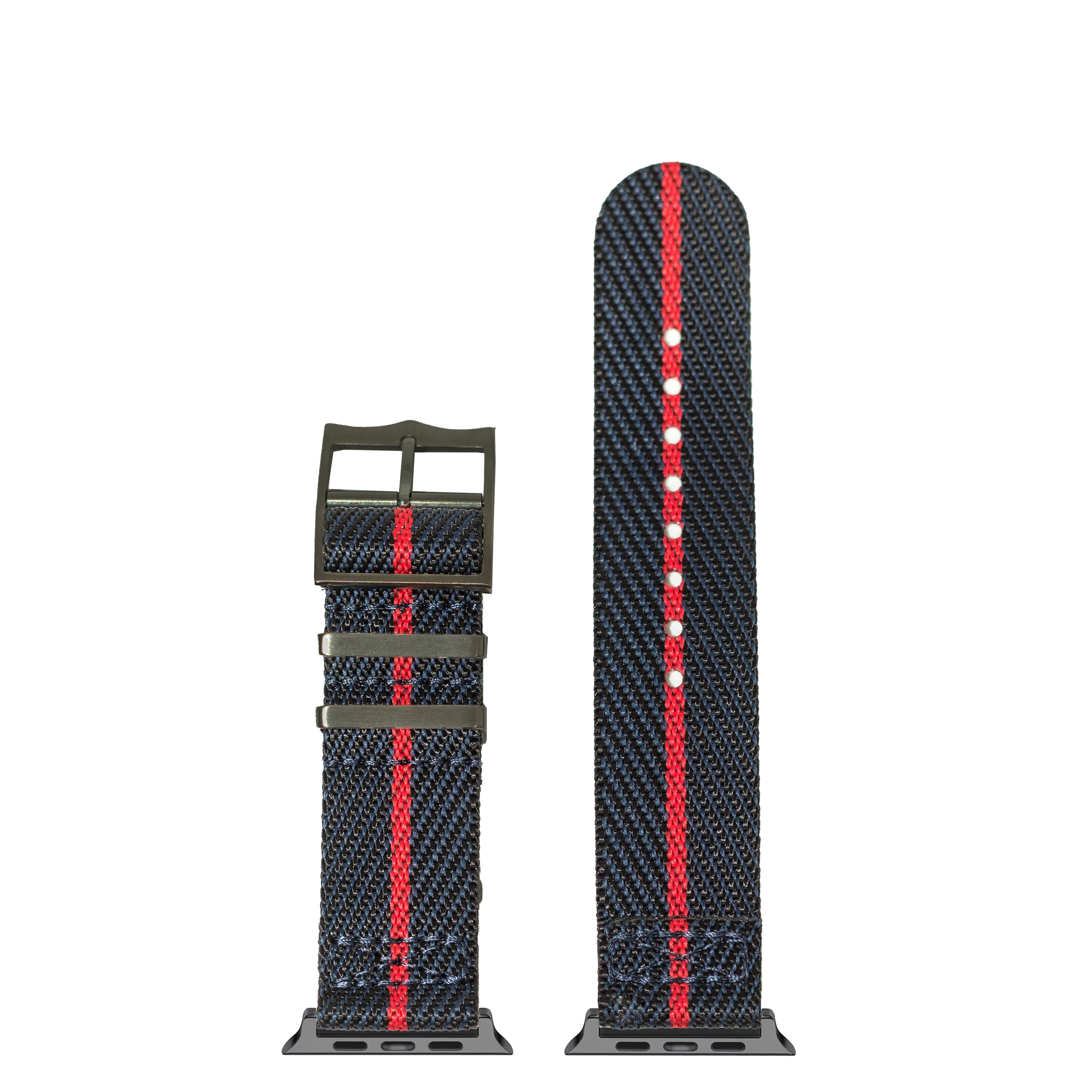 Apple Watch fabric band in night blue with red stripe and black hardware, shown assembled and unassembled