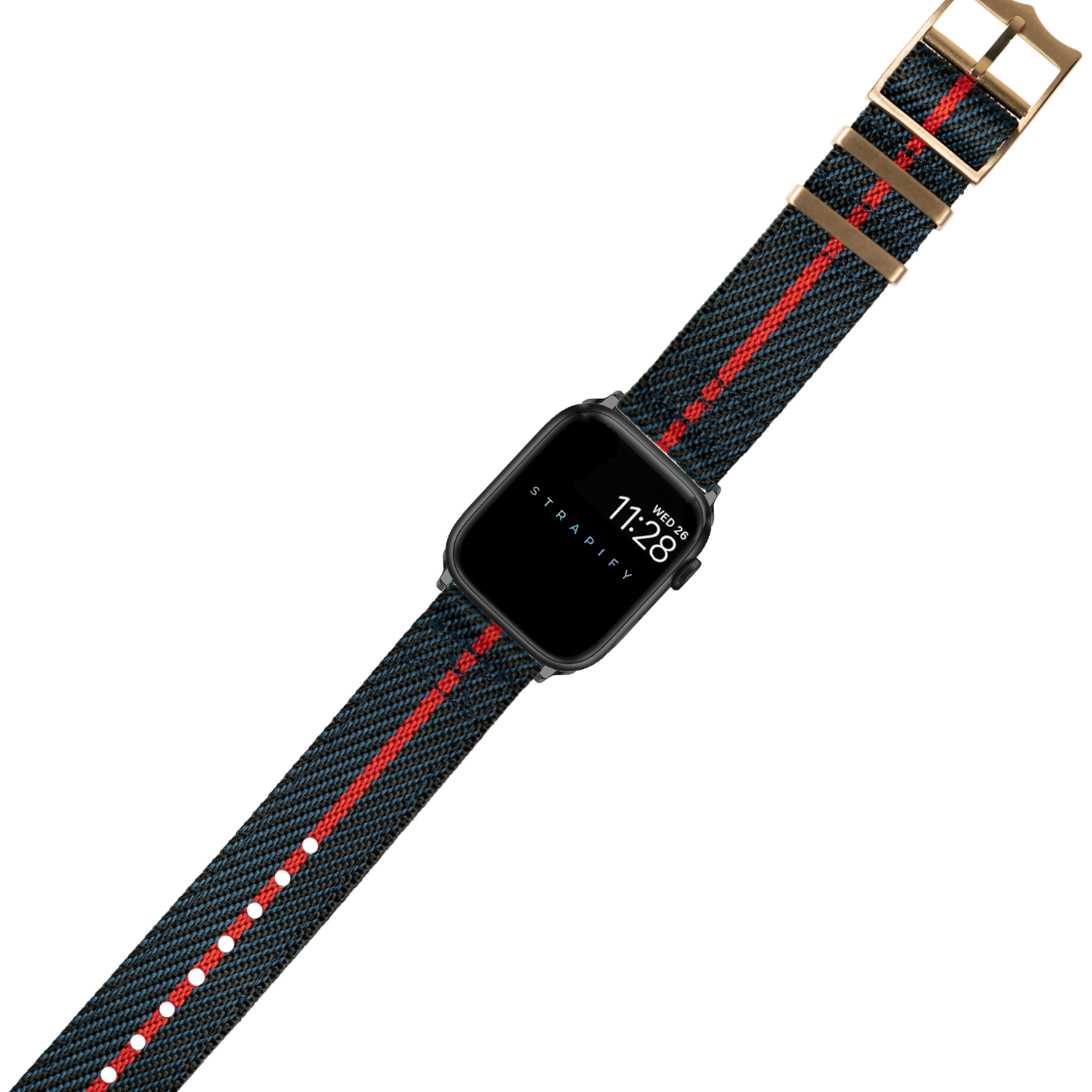 Black smartwatch with blue and red striped woven band and rose gold hardware displaying time 11:28