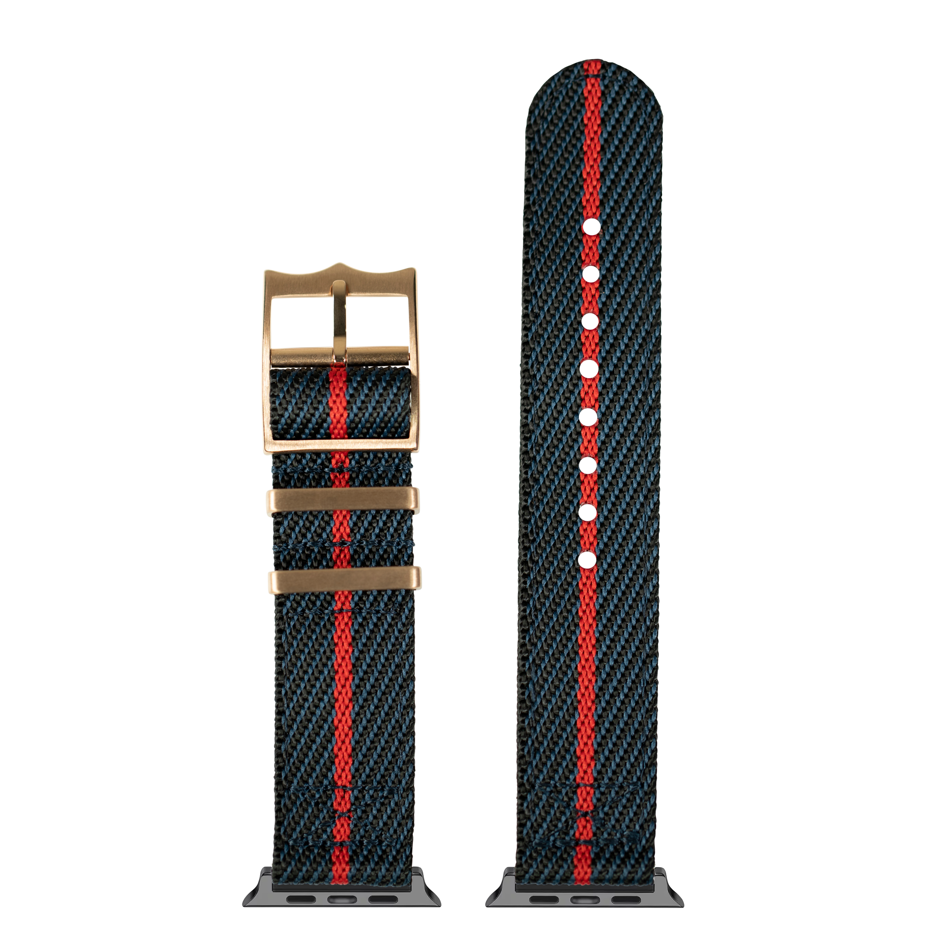 Apple Watch band cross militex nylon weave night blue red stripe rose gold hardware buckle