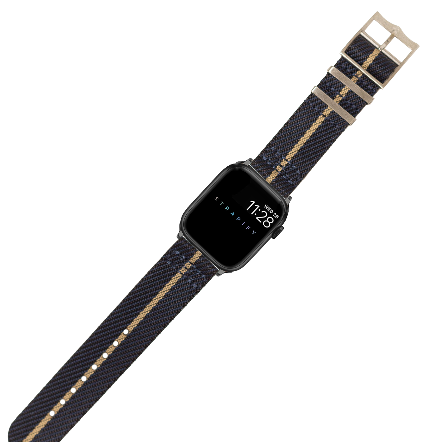 Black square smartwatch with digital time display on navy canvas strap with gold stripe and silver buckle hardware