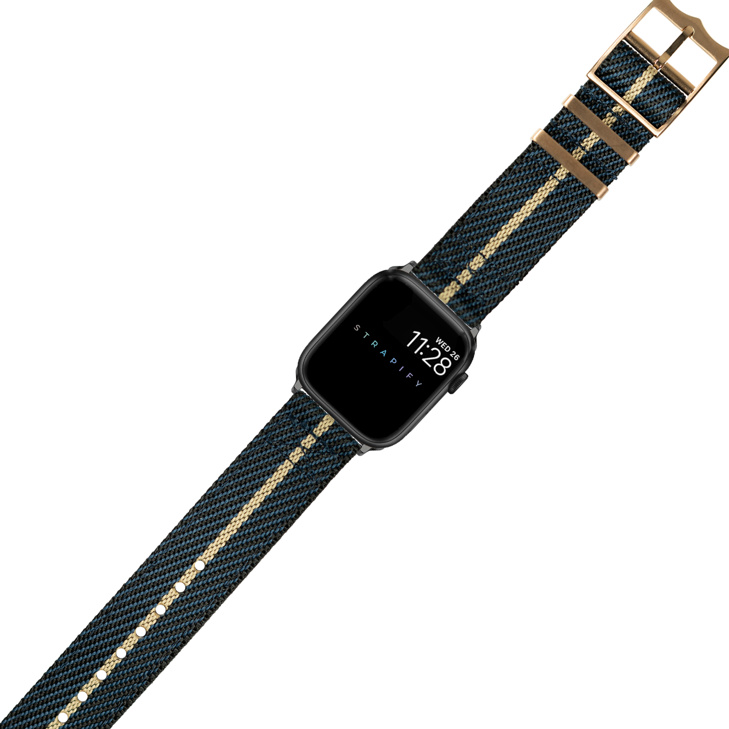 Smartwatch with black square case and night blue fabric strap with wheat stripe and rose gold hardware buckle