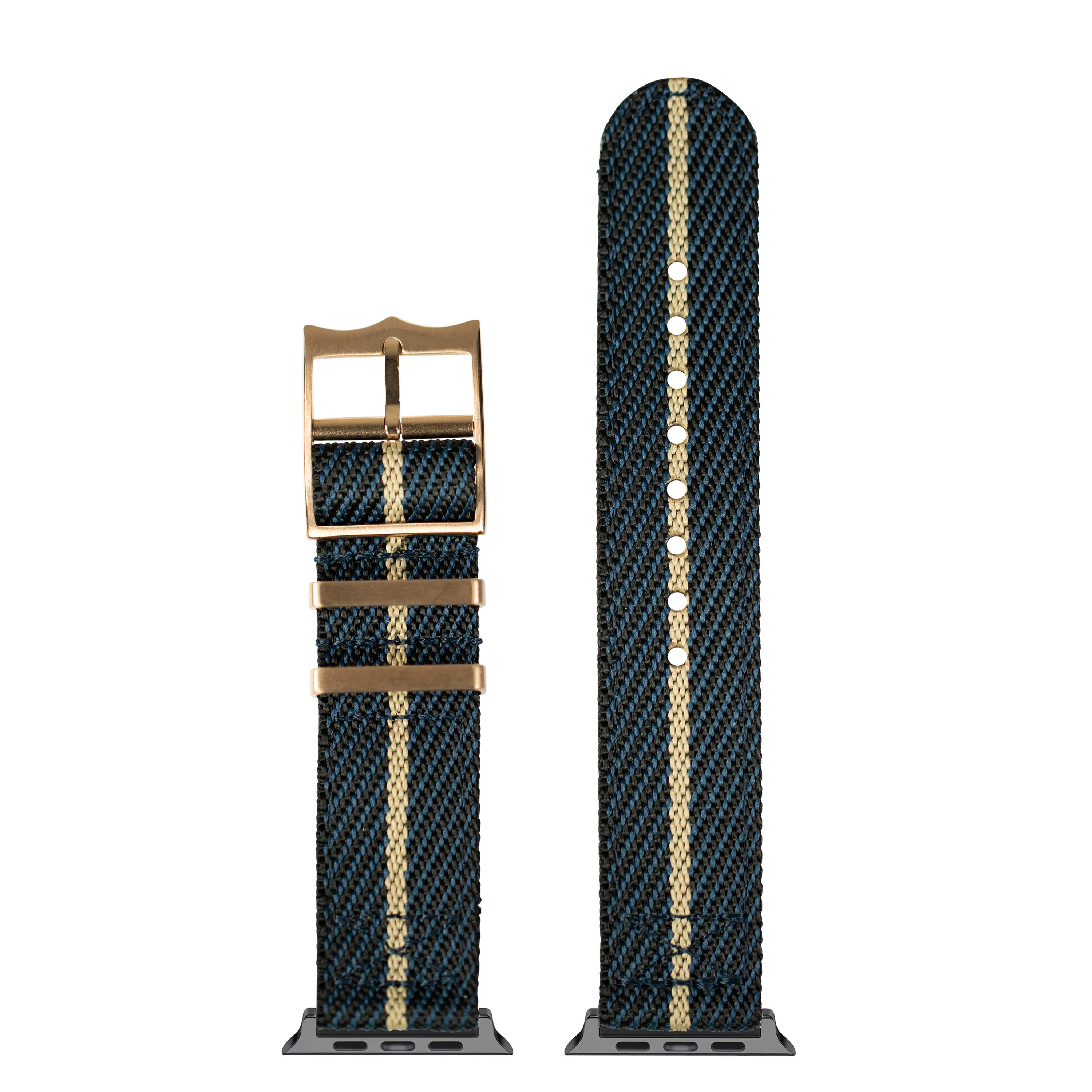 Blue and tan woven textile Apple Watch band with rose gold hardware and stripe detail, shown extended and buckled