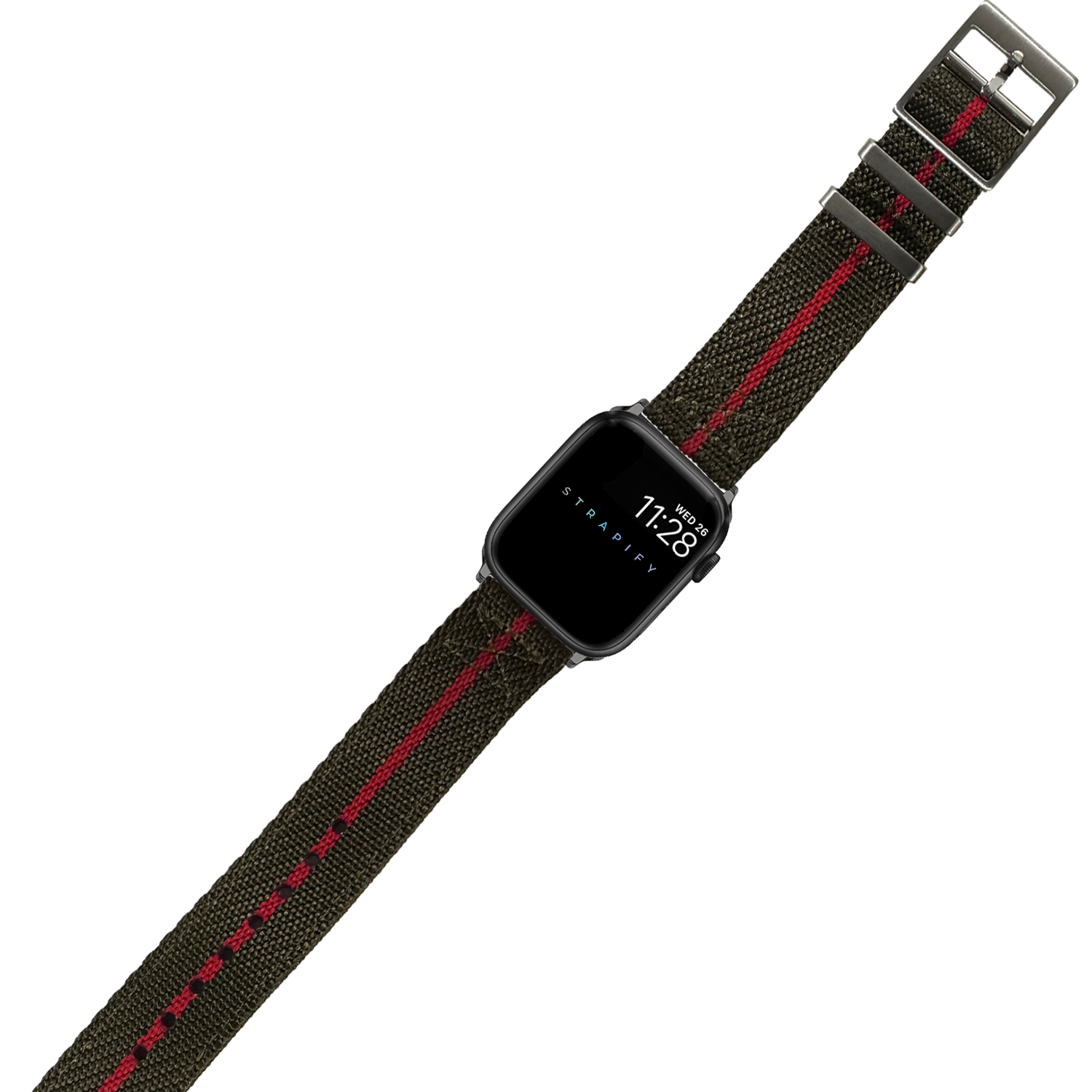 Smartwatch with black square face displaying time, olive green fabric band with red stripe detail and metal buckle clasp