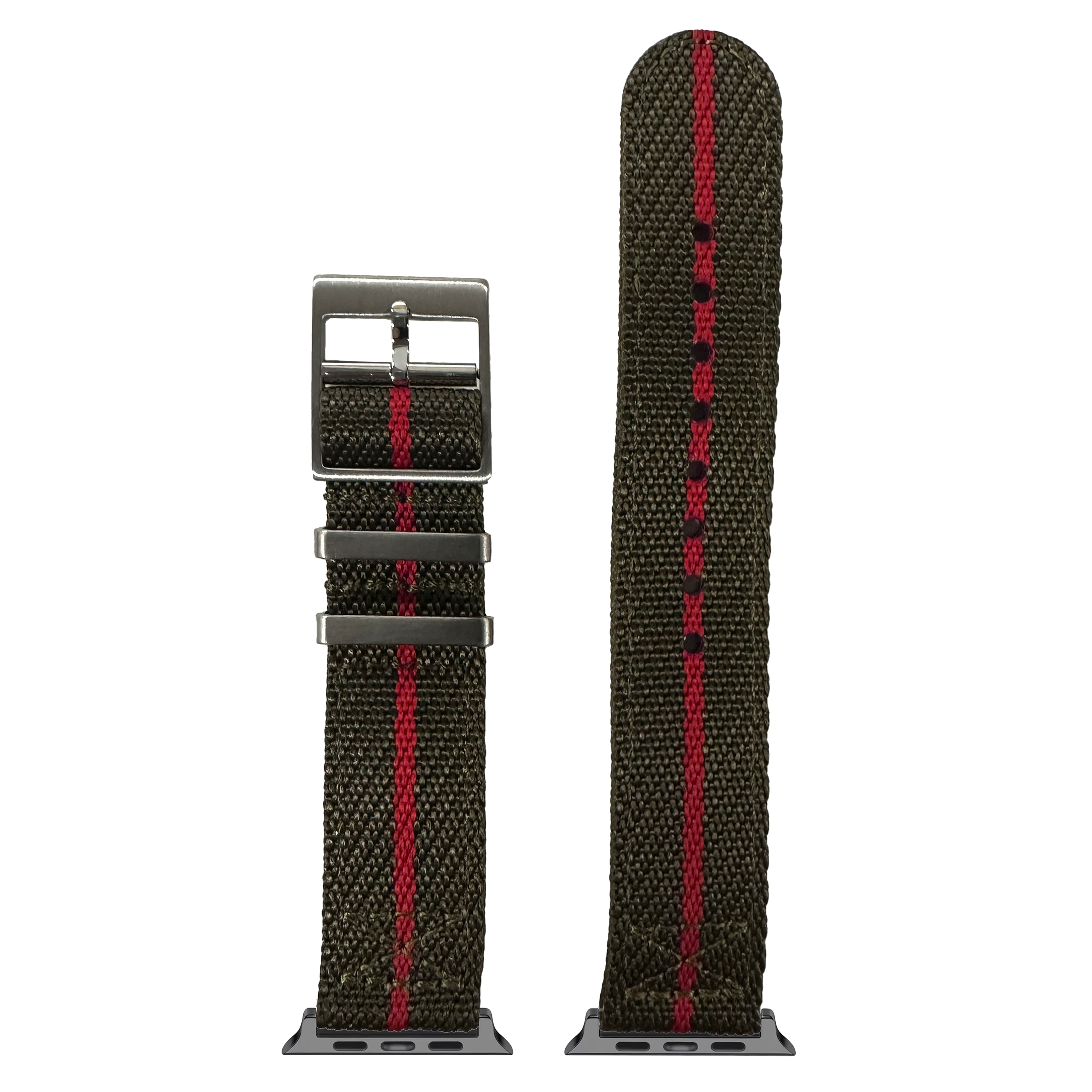 Olive green and red striped canvas smartwatch band with gunmetal buckle and adapters, shown extended and coiled