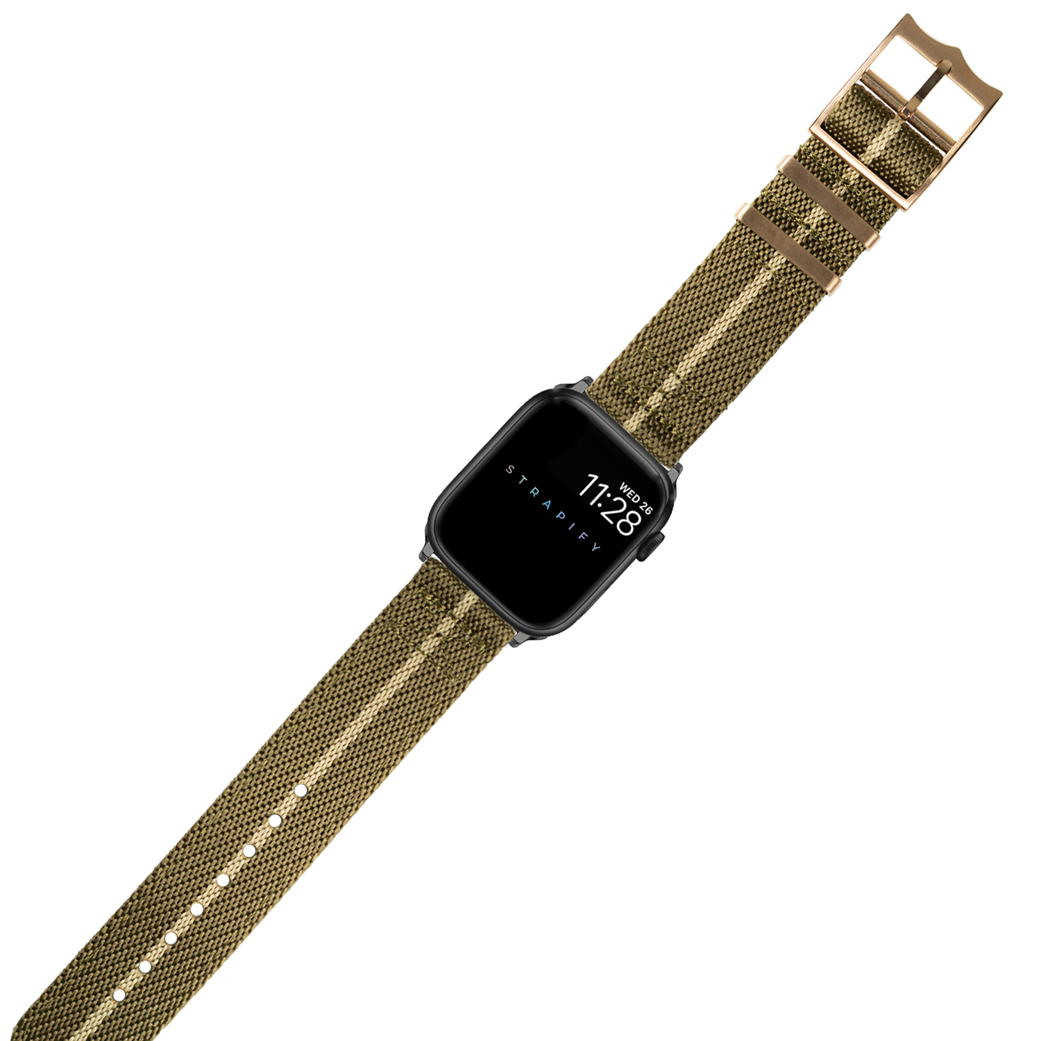 Black smartwatch with olive green woven fabric band and rose gold buckle, displaying time 7:28 on screen