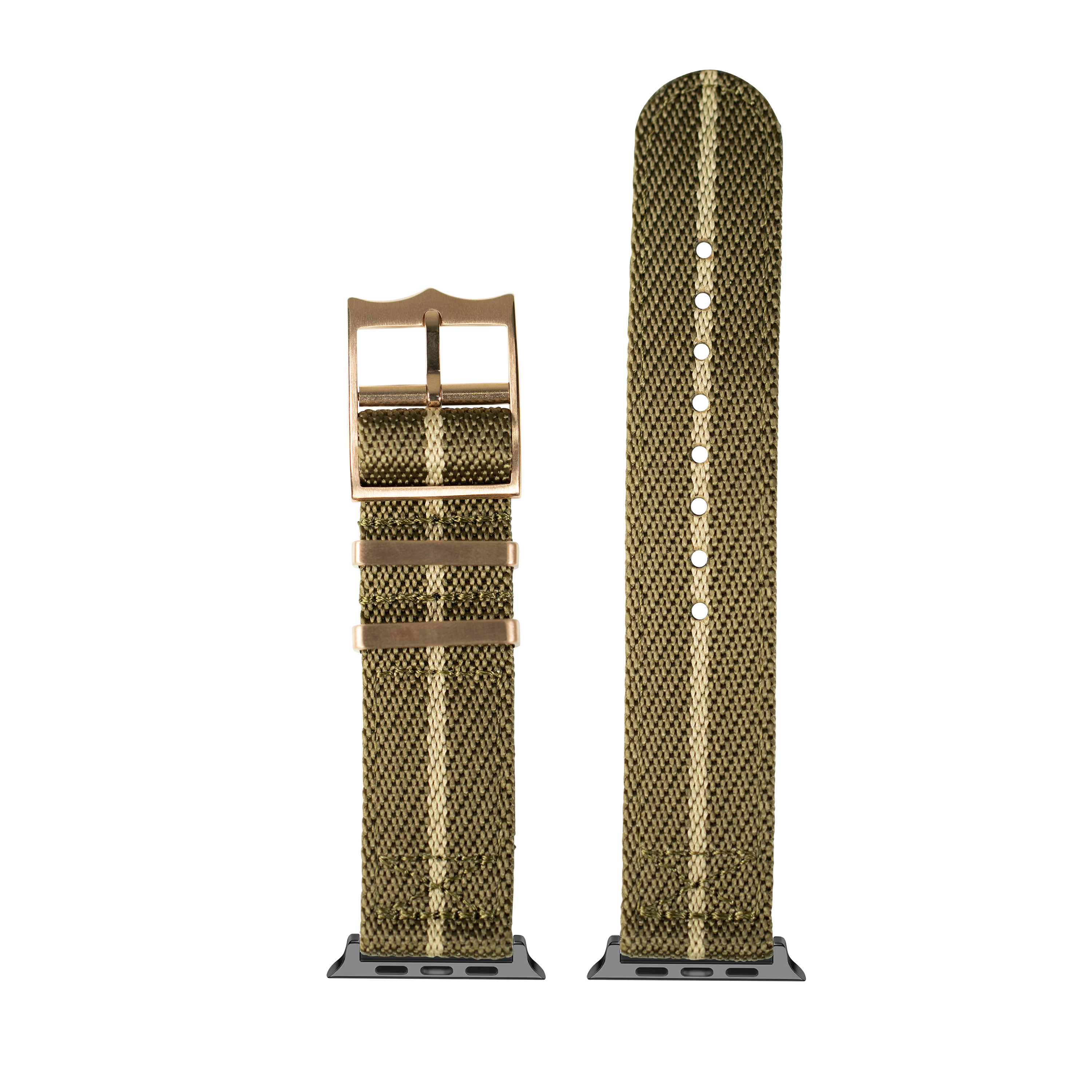 Olive green and wheat Cross Militex watch band with bronze buckle, shown assembled and unrolled with adjustment holes visible
