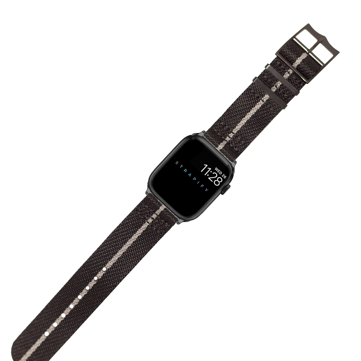 Black canvas smartwatch band with grey striping, metal buckle hardware, compatible with Apple Watch devices
