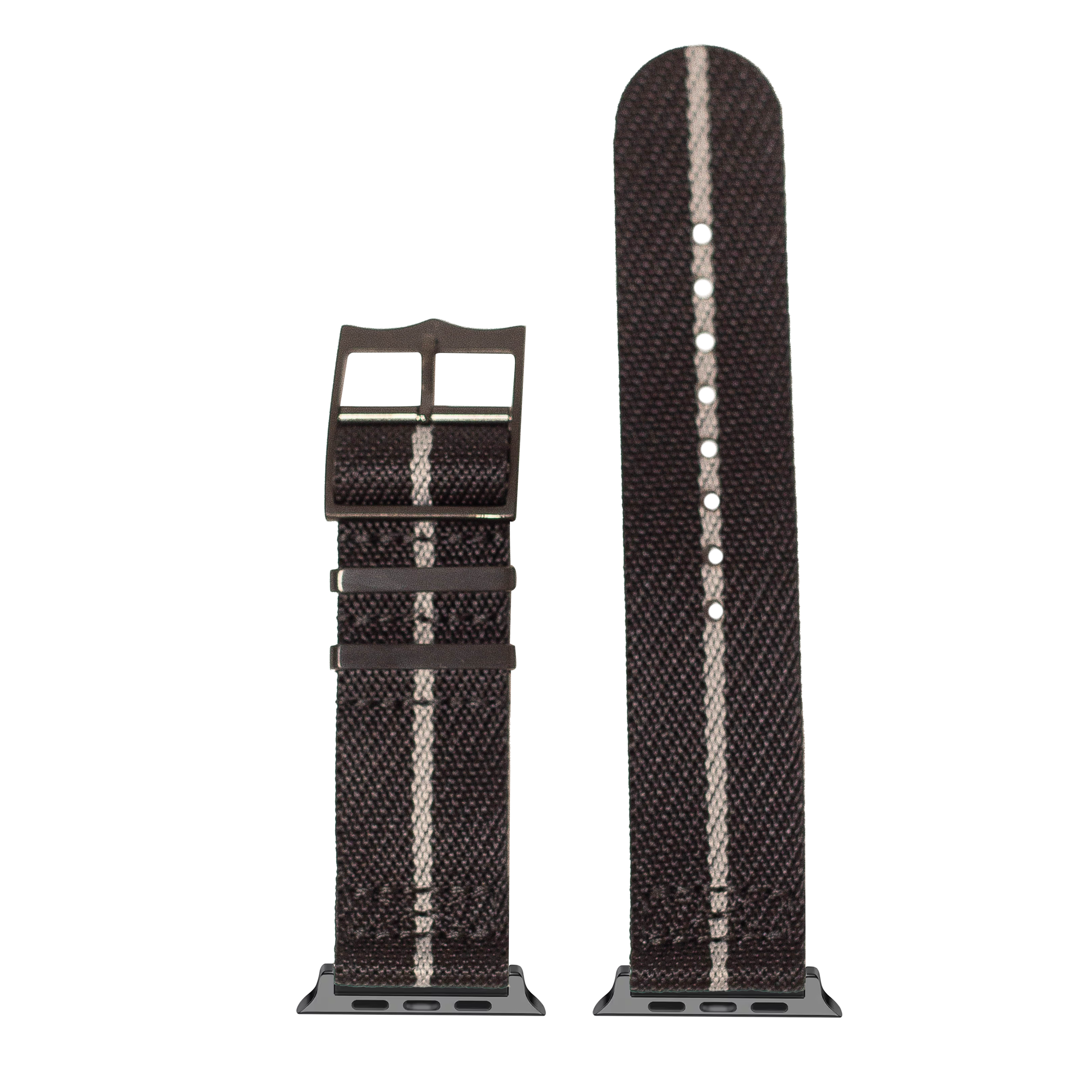 Black woven fabric Apple Watch band with grey stripe and black hardware buckle, shown in two lengths