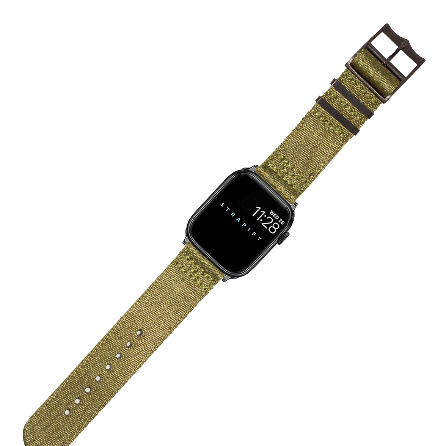 Black square smartwatch with olive green fabric strap and bronze hardware displaying time on screen