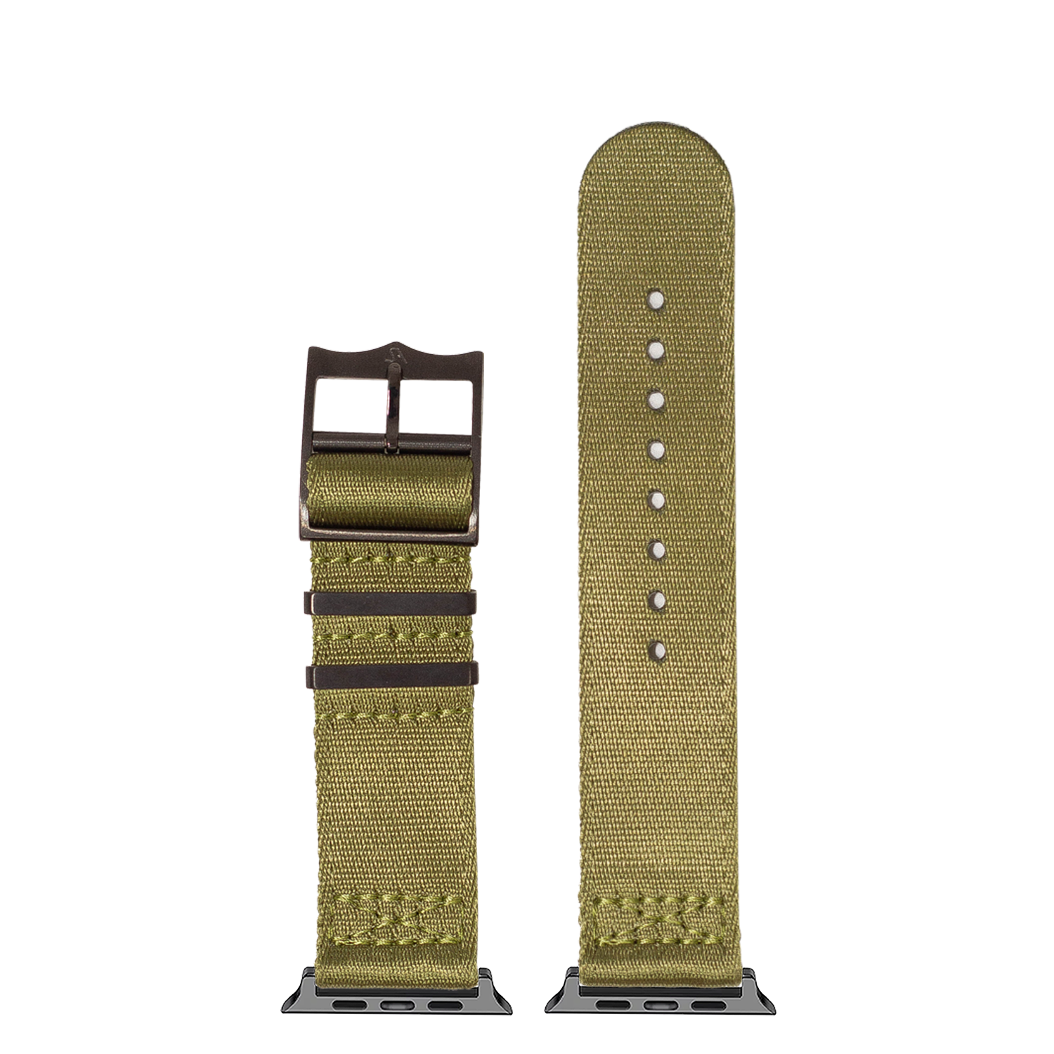 Army green fabric smartwatch band with bronze hardware and connector ports, compatible with Apple Watch Ultra