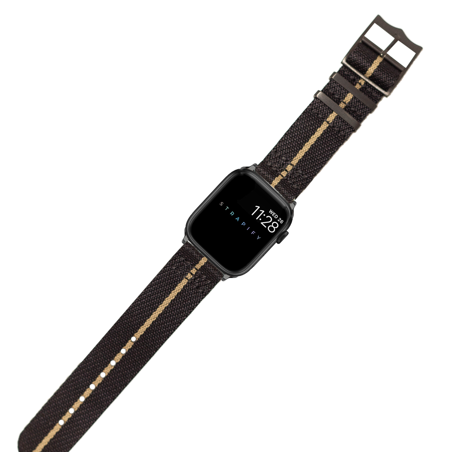 Black smartwatch with square face and woven nylon band featuring tan stripe detail and black hardware buckle