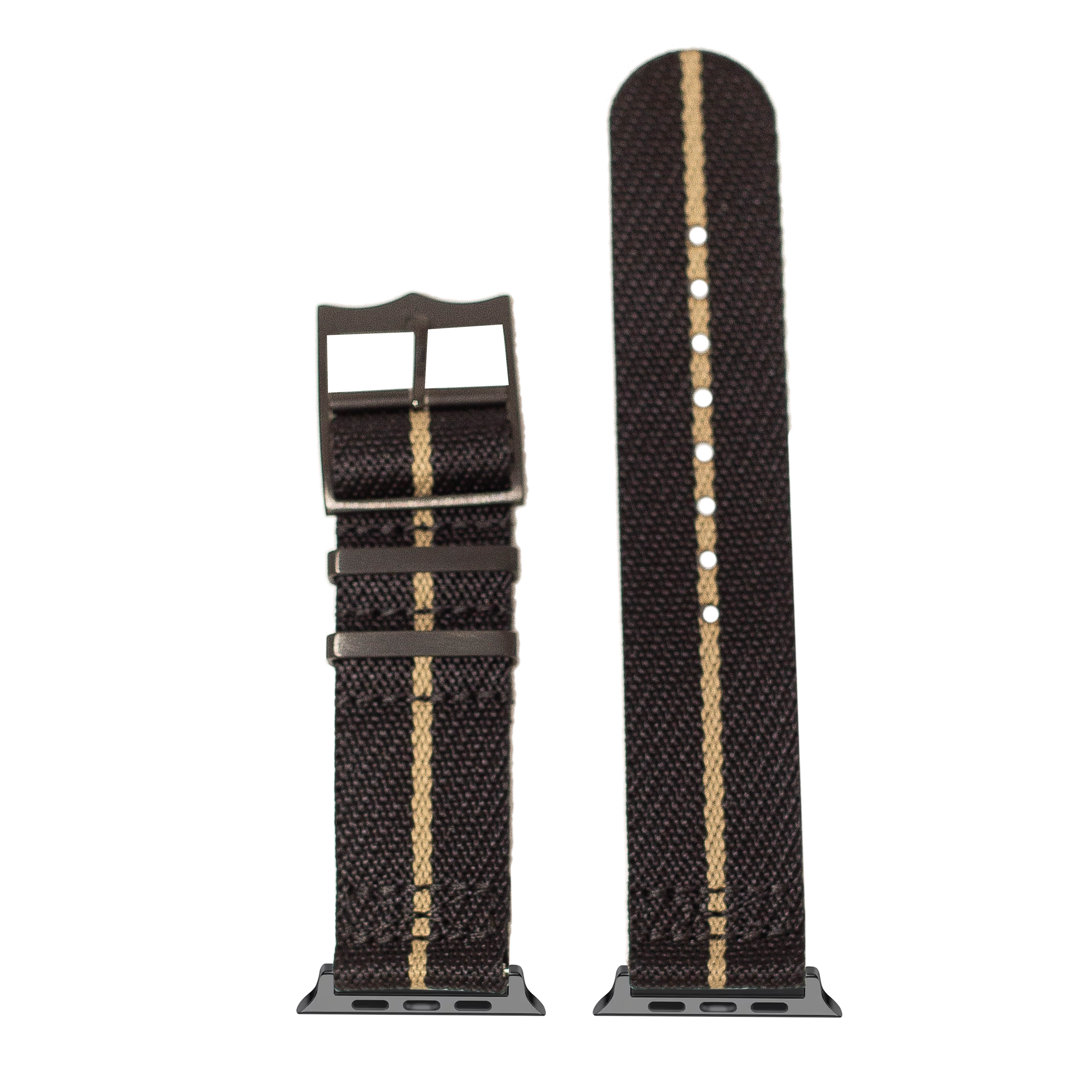 Black nylon watch band with tan center stripe and black hardware buckle for Apple Watch, displayed folded and extended