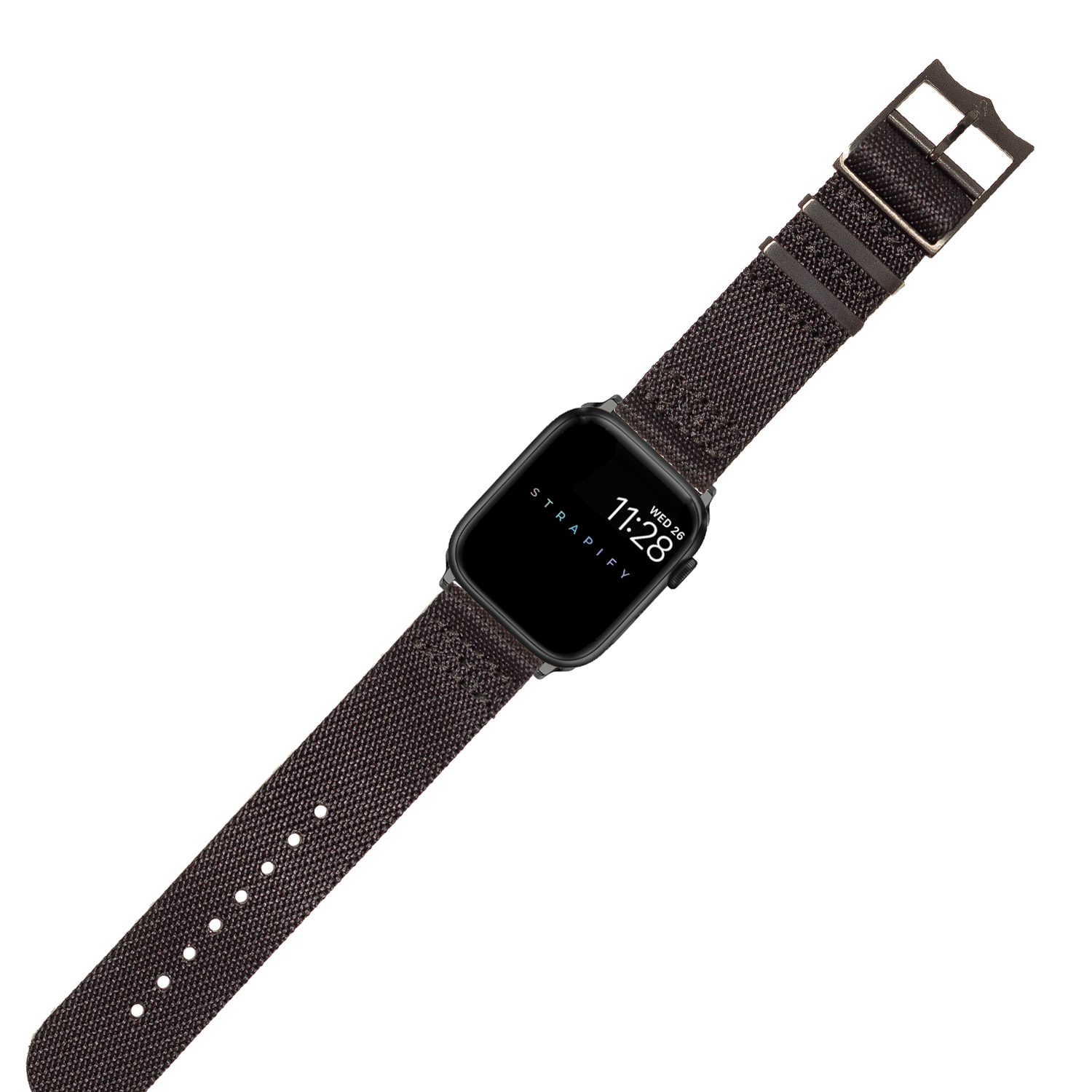 Black fabric smartwatch with square face and black hardware buckle on dark textile band