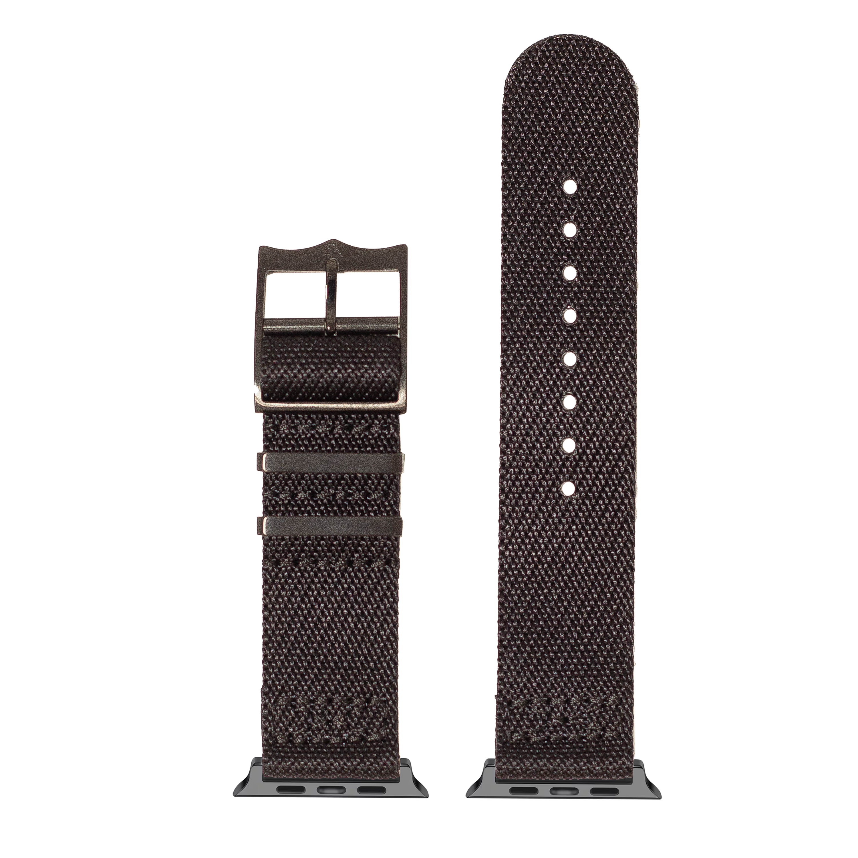 Black fabric Apple Watch band with military-style cross texture and black stainless steel buckle hardware