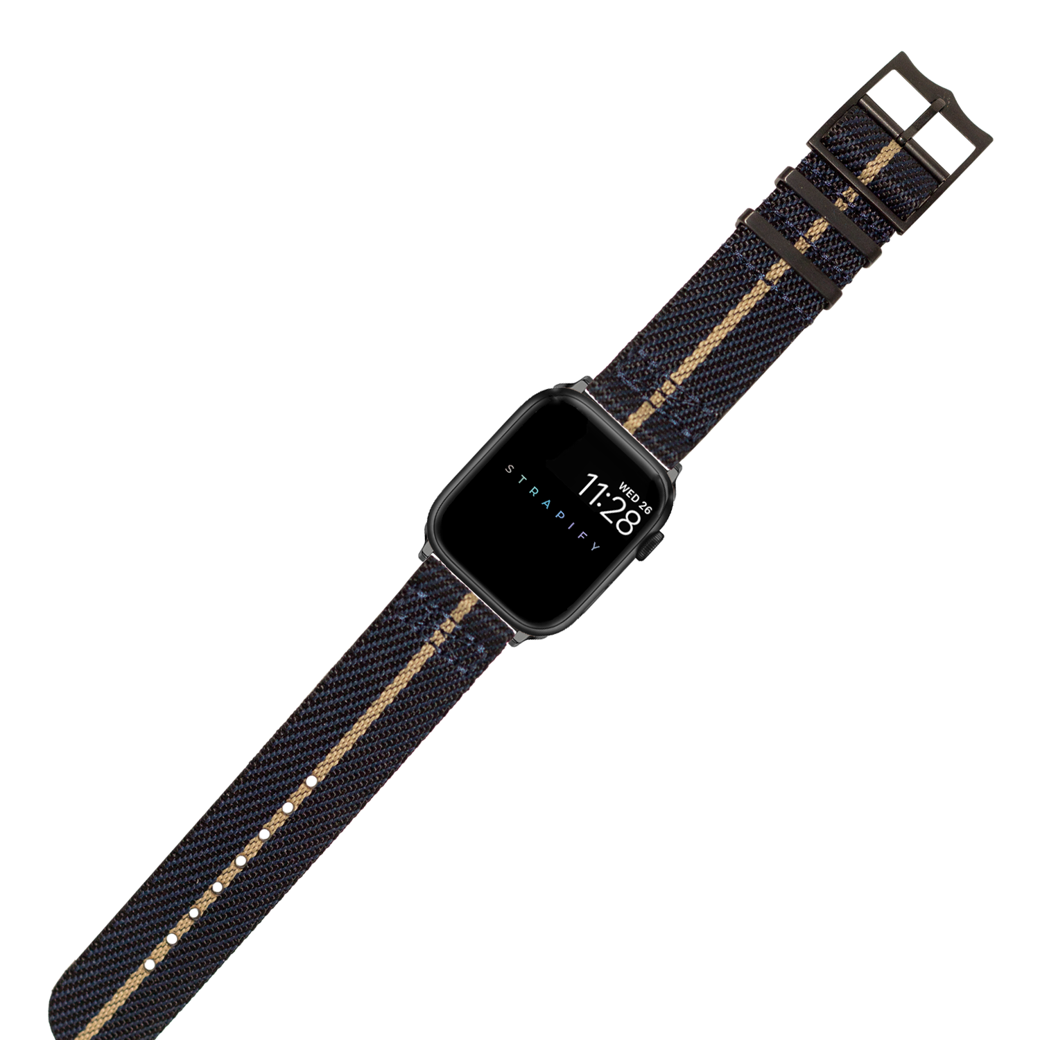 Black smartwatch with dark blue woven fabric band featuring gold stripe detail and black stainless steel buckle