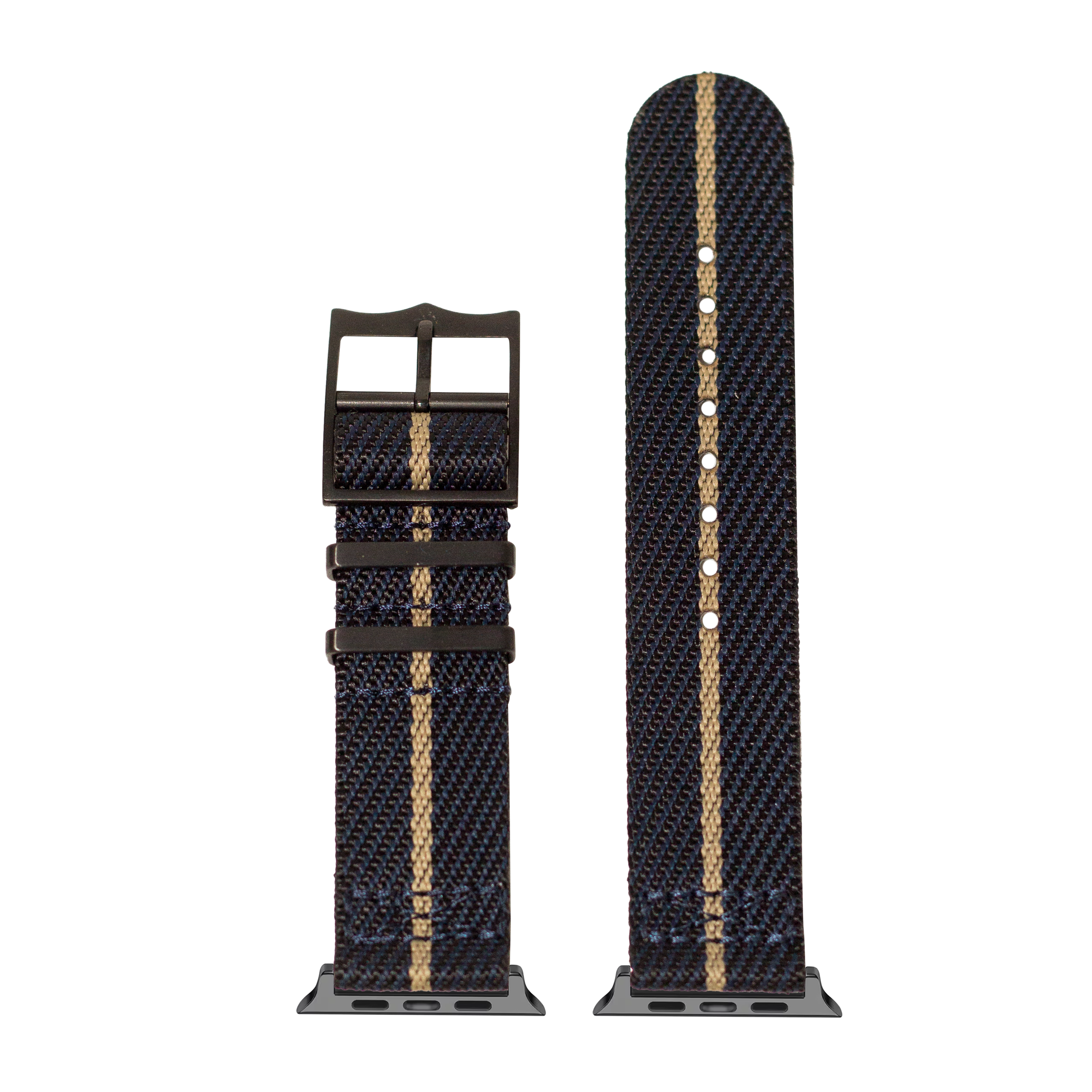 Navy blue and tan striped fabric Apple Watch band with black hardware and metal connector ports