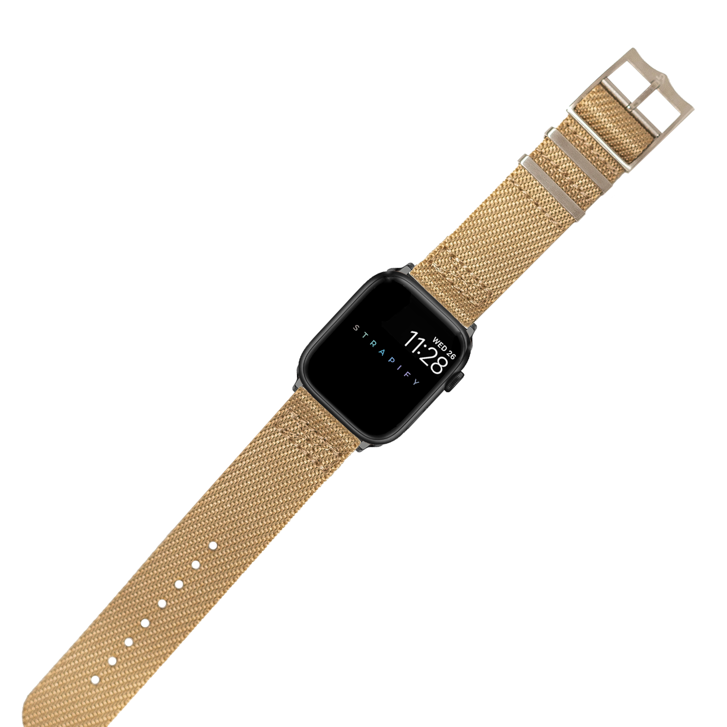 Black square smartwatch with tan fabric military-style band displaying time 7:28, metallic hardware and adjustment holes