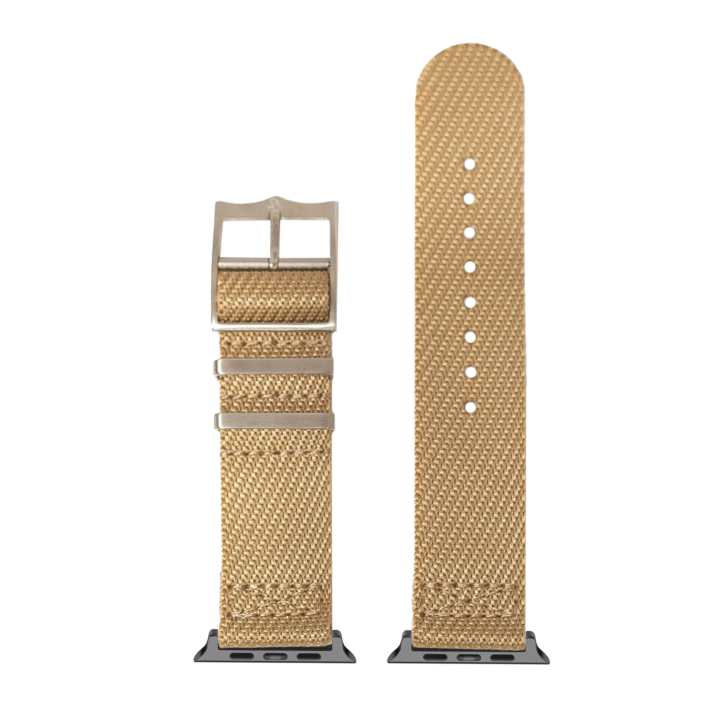 Tan canvas Apple Watch band with cross-stitch texture and silver buckle, shown assembled and disassembled view