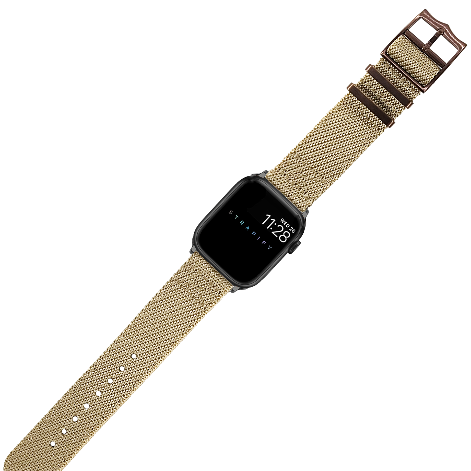 Black smartwatch with wheat canvas band and bronze hardware buckle