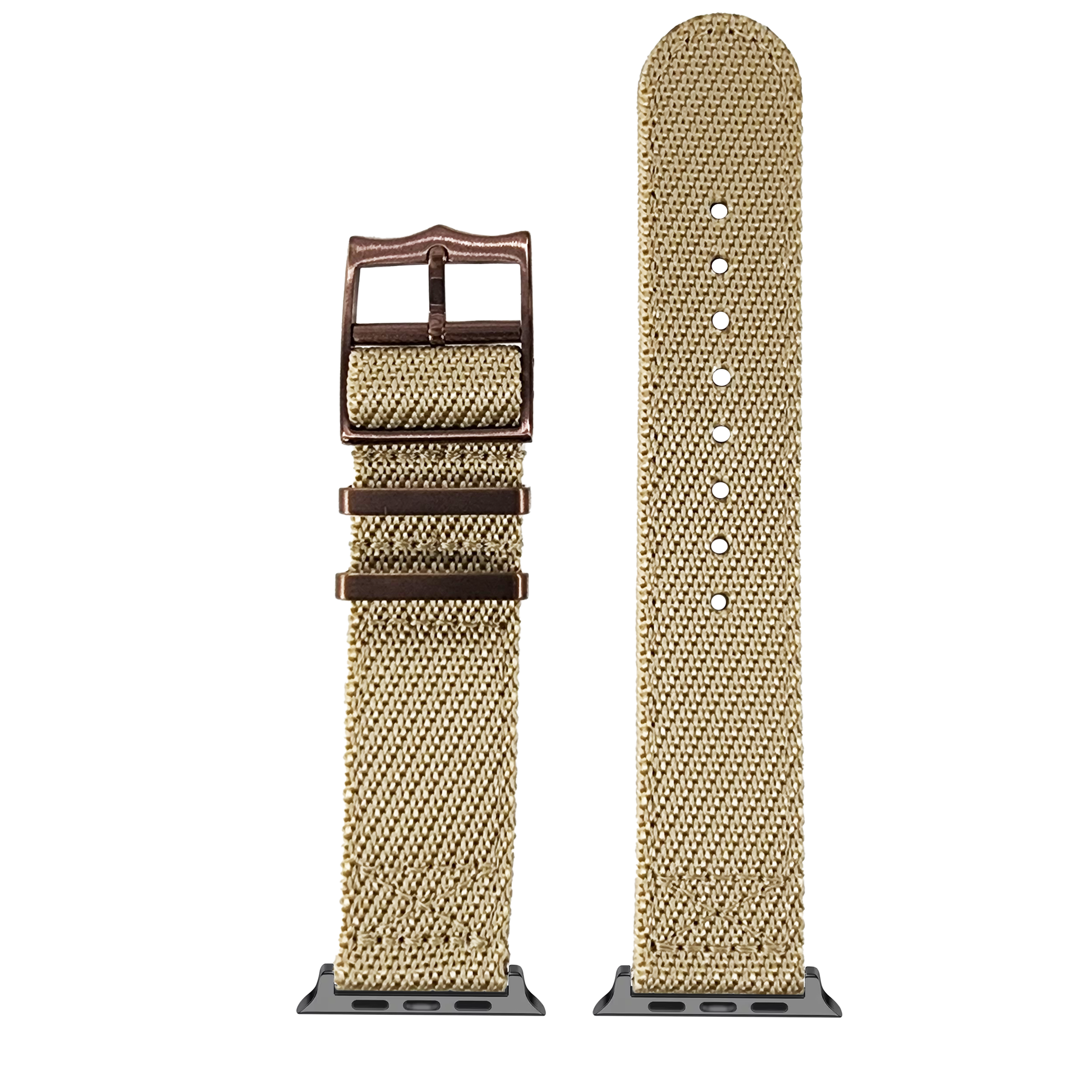 Tan canvas Apple Watch band with bronze buckle and leather keepers, shown assembled and unassembled with adjustment holes