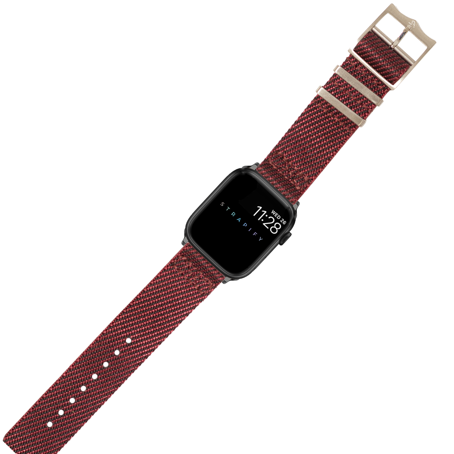 Black smartwatch with wine red woven fabric band and stainless steel buckle, displaying time on screen
