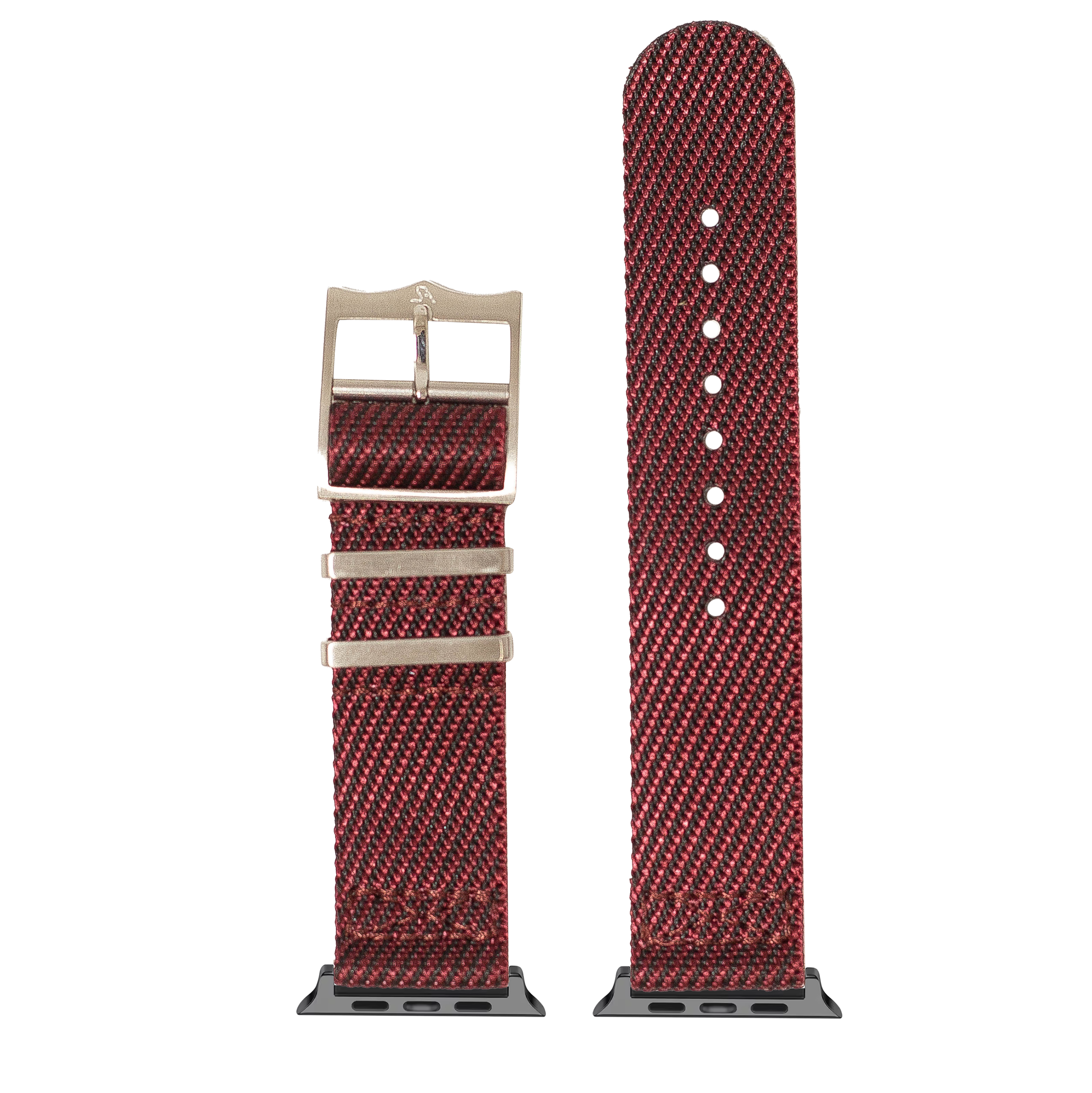 Red and black woven fabric smartwatch band with metal buckle and connector hardware, military-style design