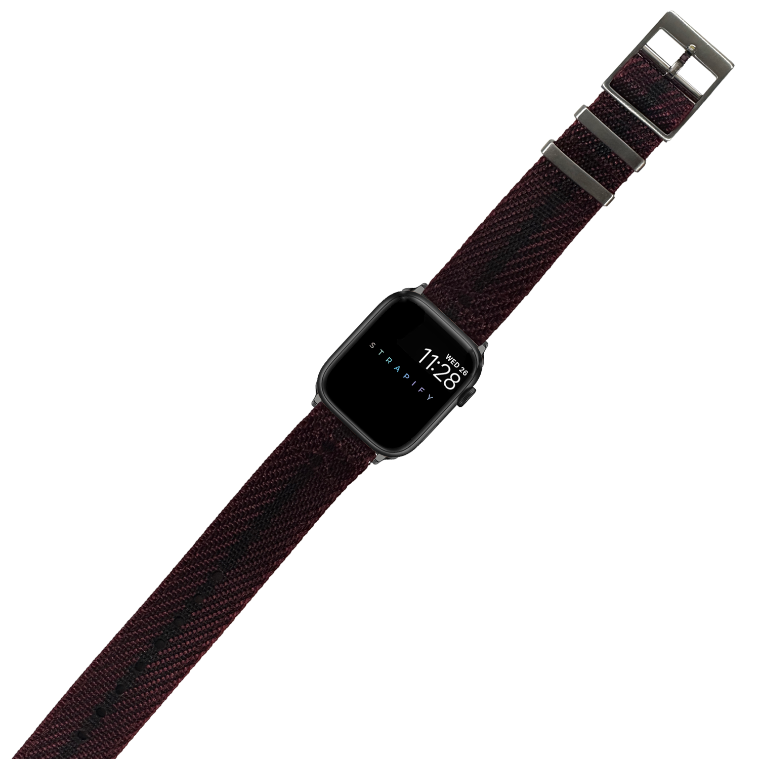Smartwatch with square black face displaying time on burgundy woven fabric watch band with gray hardware and adjustable strap closure