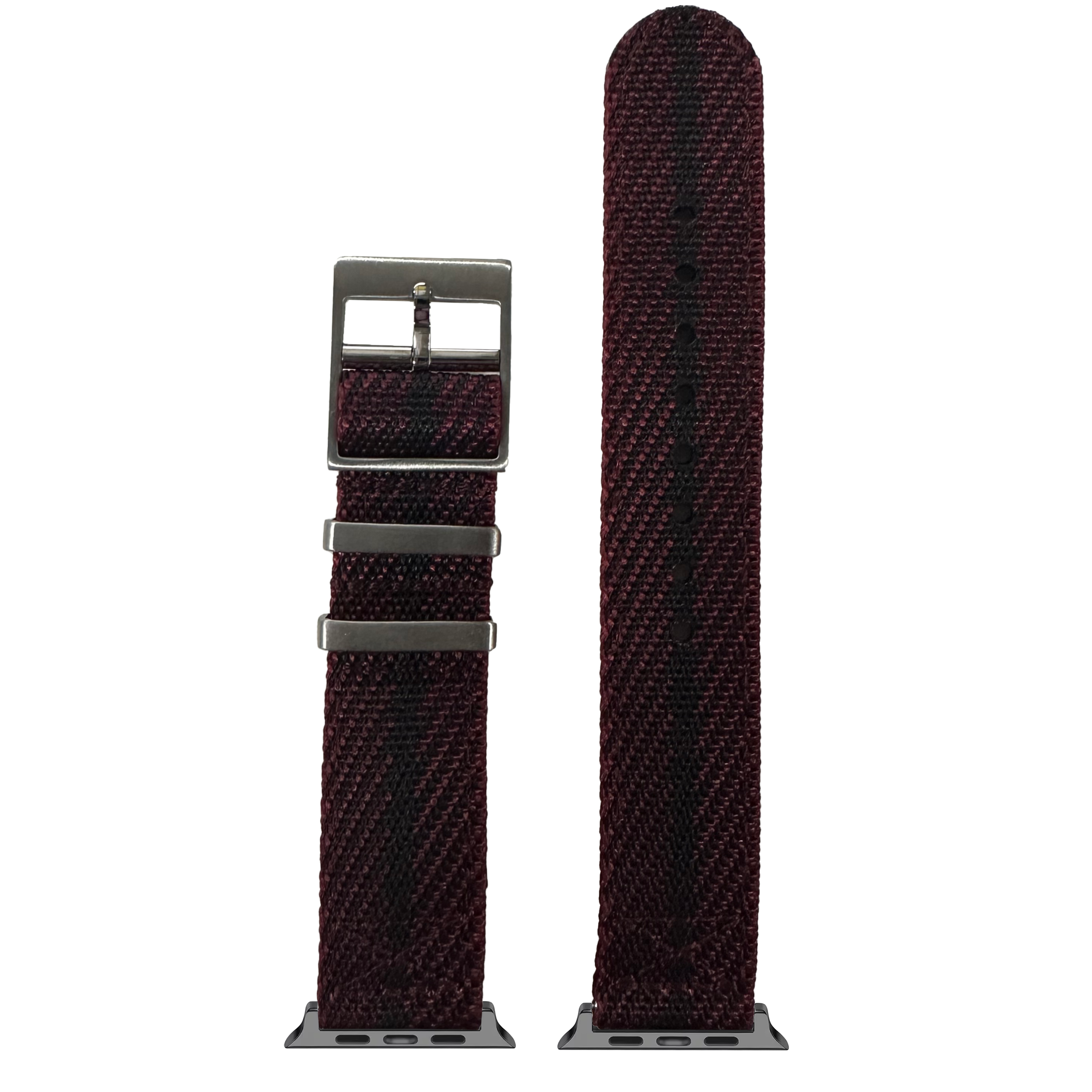 Wine red and black woven fabric Apple Watch band with gunmetal buckle and connector adapter