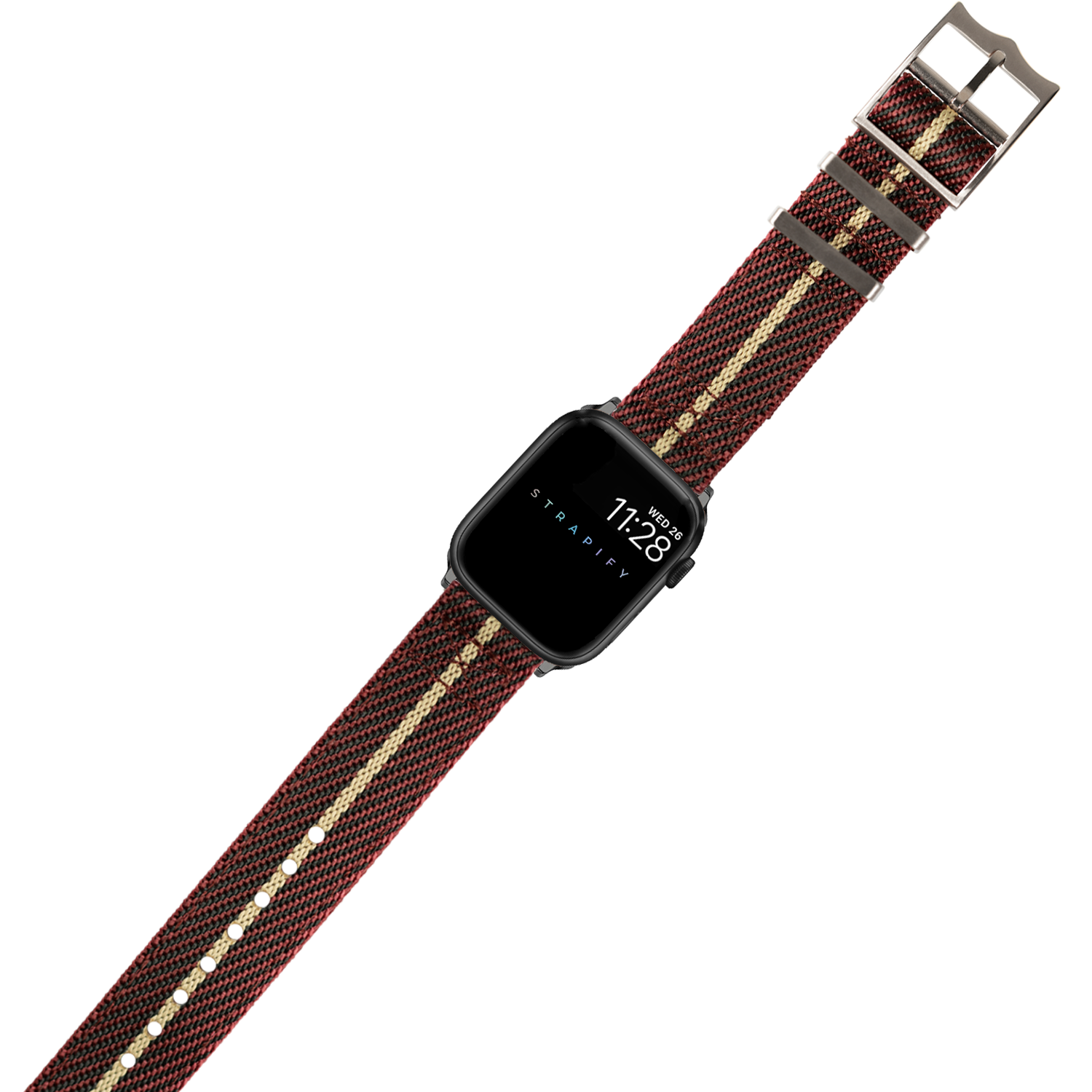 Black smartwatch with red and tan woven fabric strap featuring striped pattern and metal buckle closure