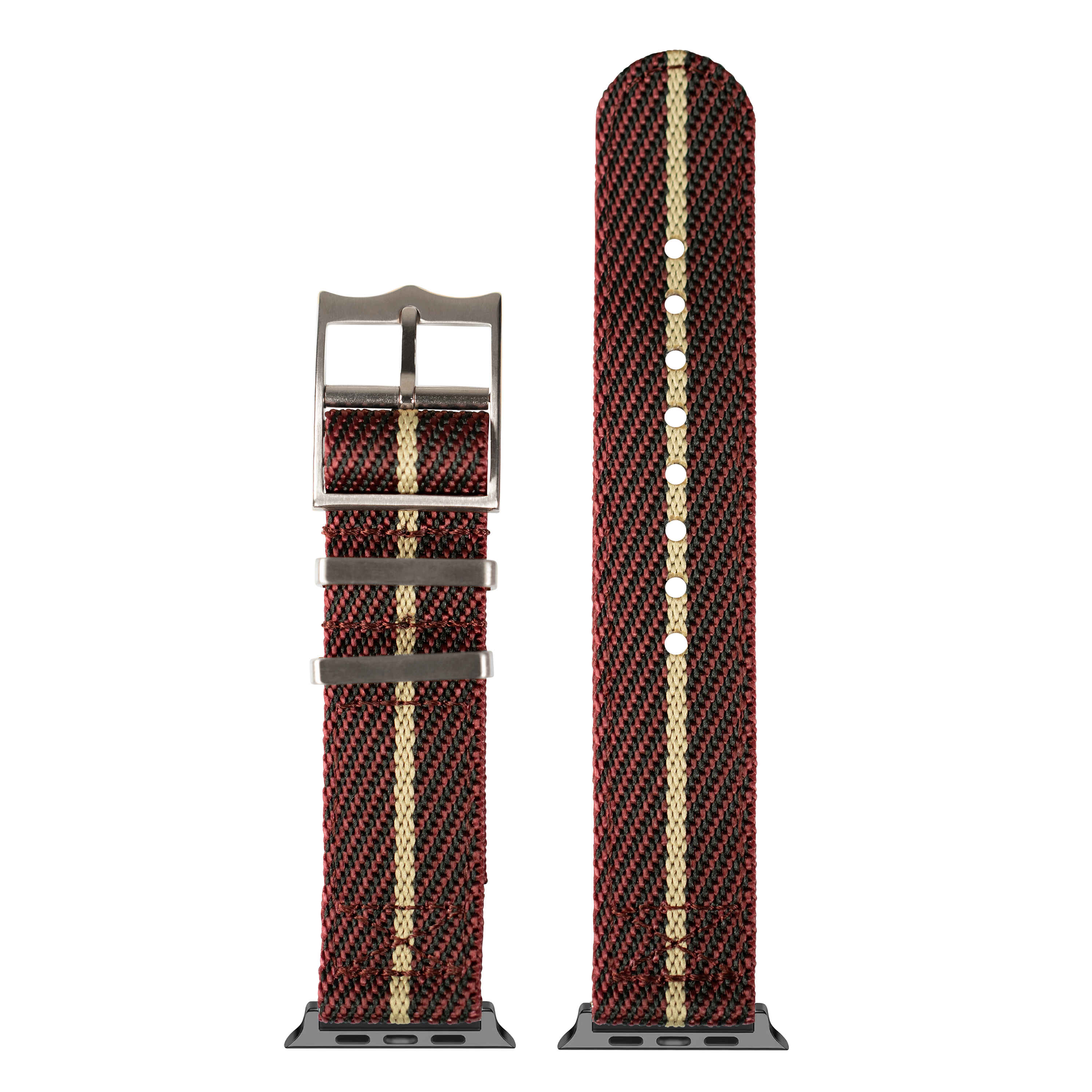 Red and tan woven fabric Apple Watch band with metal buckle and sport loop connector, shown assembled and unattached
