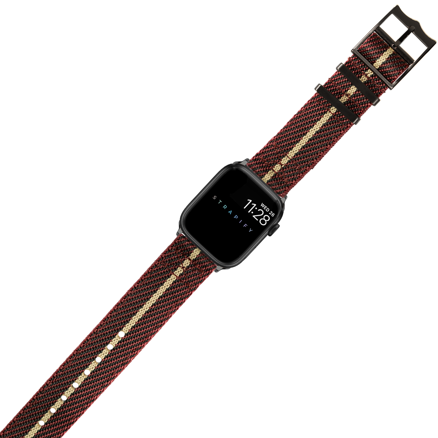 Black smartwatch with wine red and wheat striped fabric band and black hardware buckle displaying time 7:28