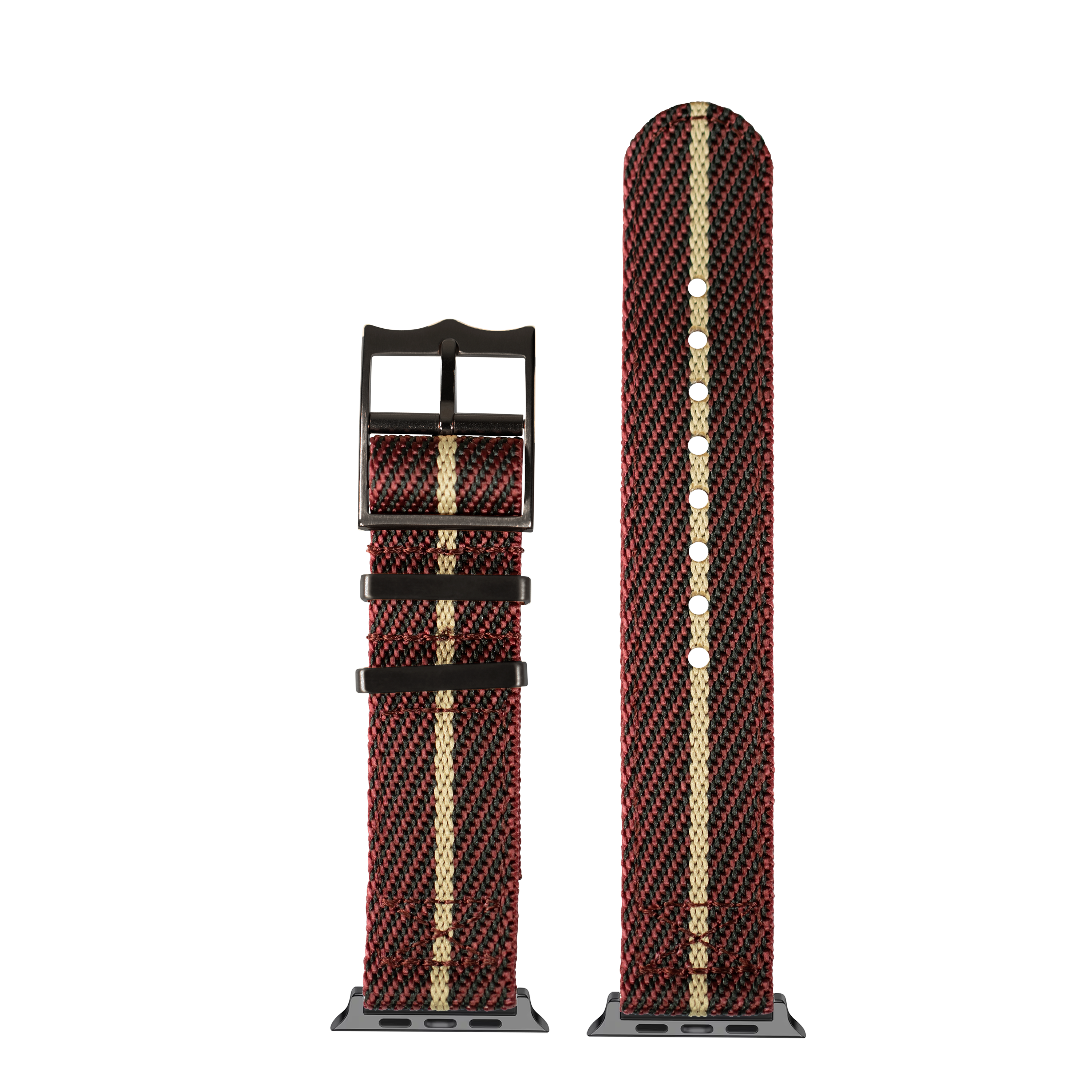 Red and wheat woven Apple Watch band with black hardware and connector adapters shown extended and buckled