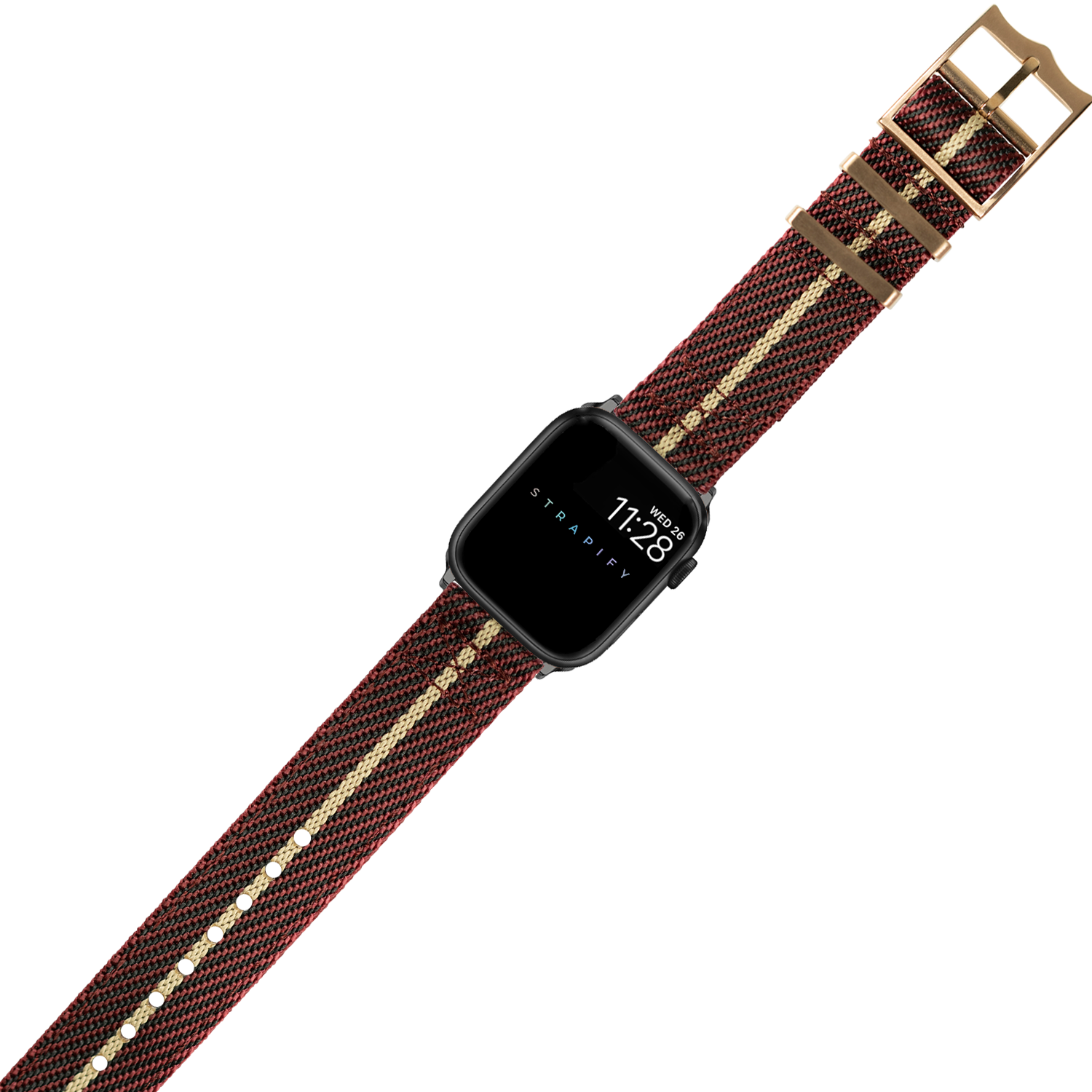 Black smartwatch with wine red and wheat woven fabric band, rose gold hardware, displaying time 7:28