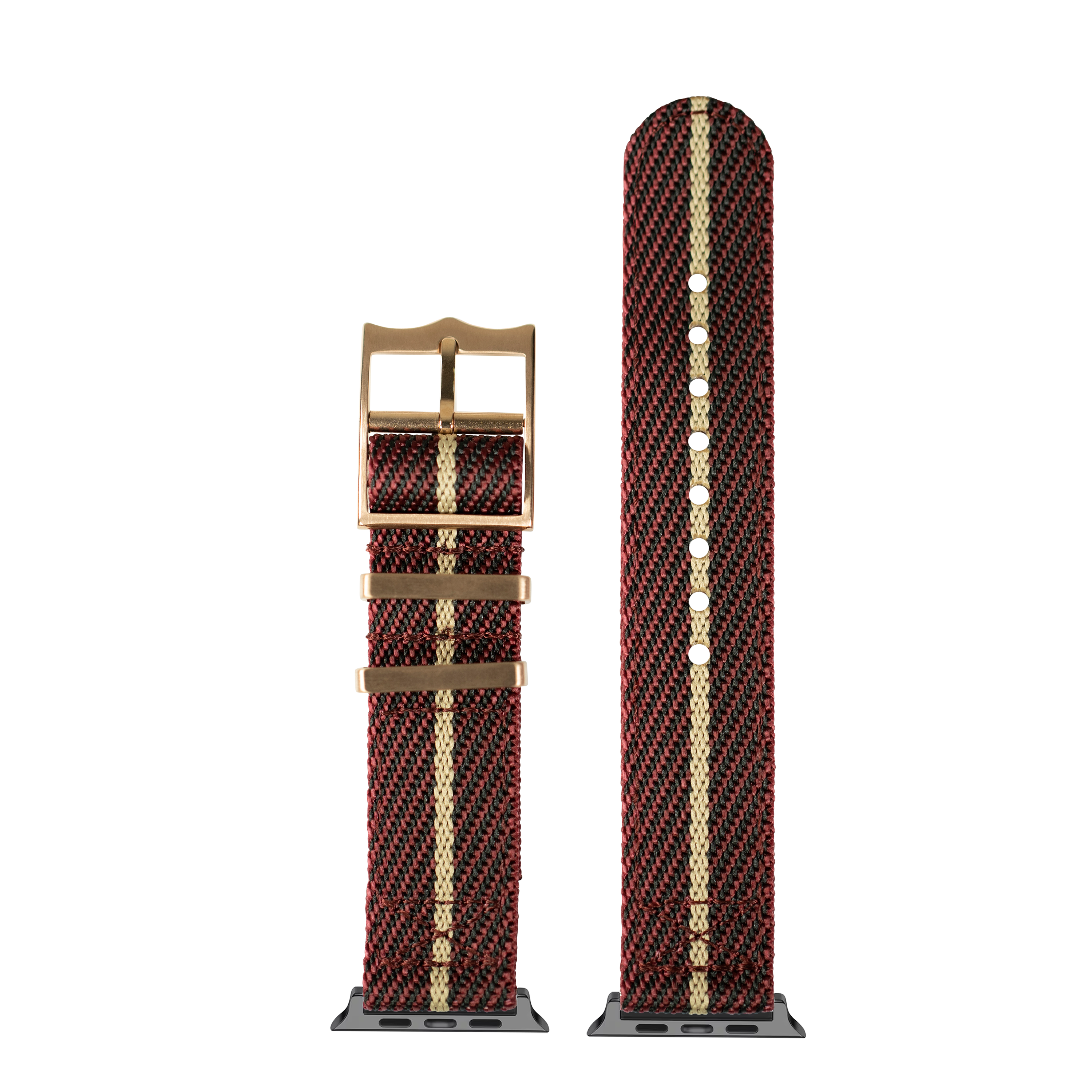 Red and wheat woven fabric Apple Watch band with rose gold buckle and hardware, shown extended and coiled display view