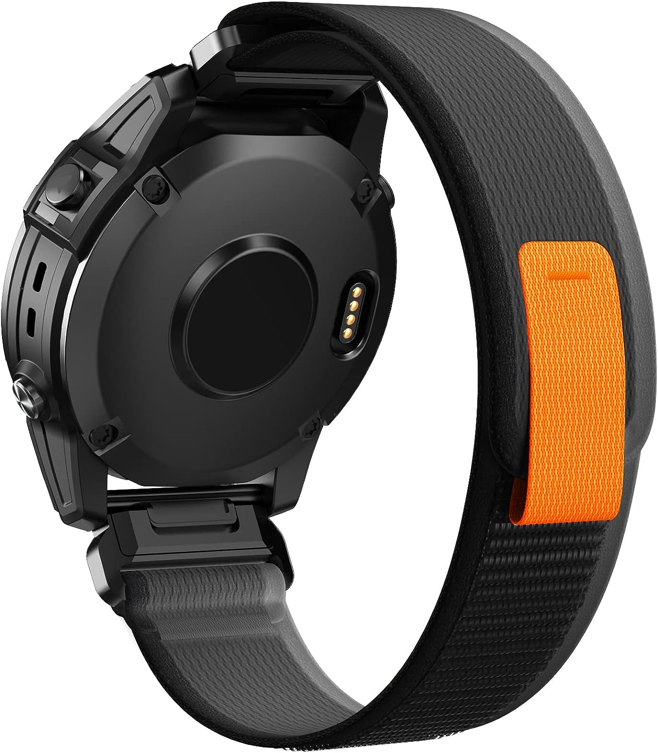 Black tactical smartwatch with gray and orange QuickFit Trail Loop band featuring secure fastening system