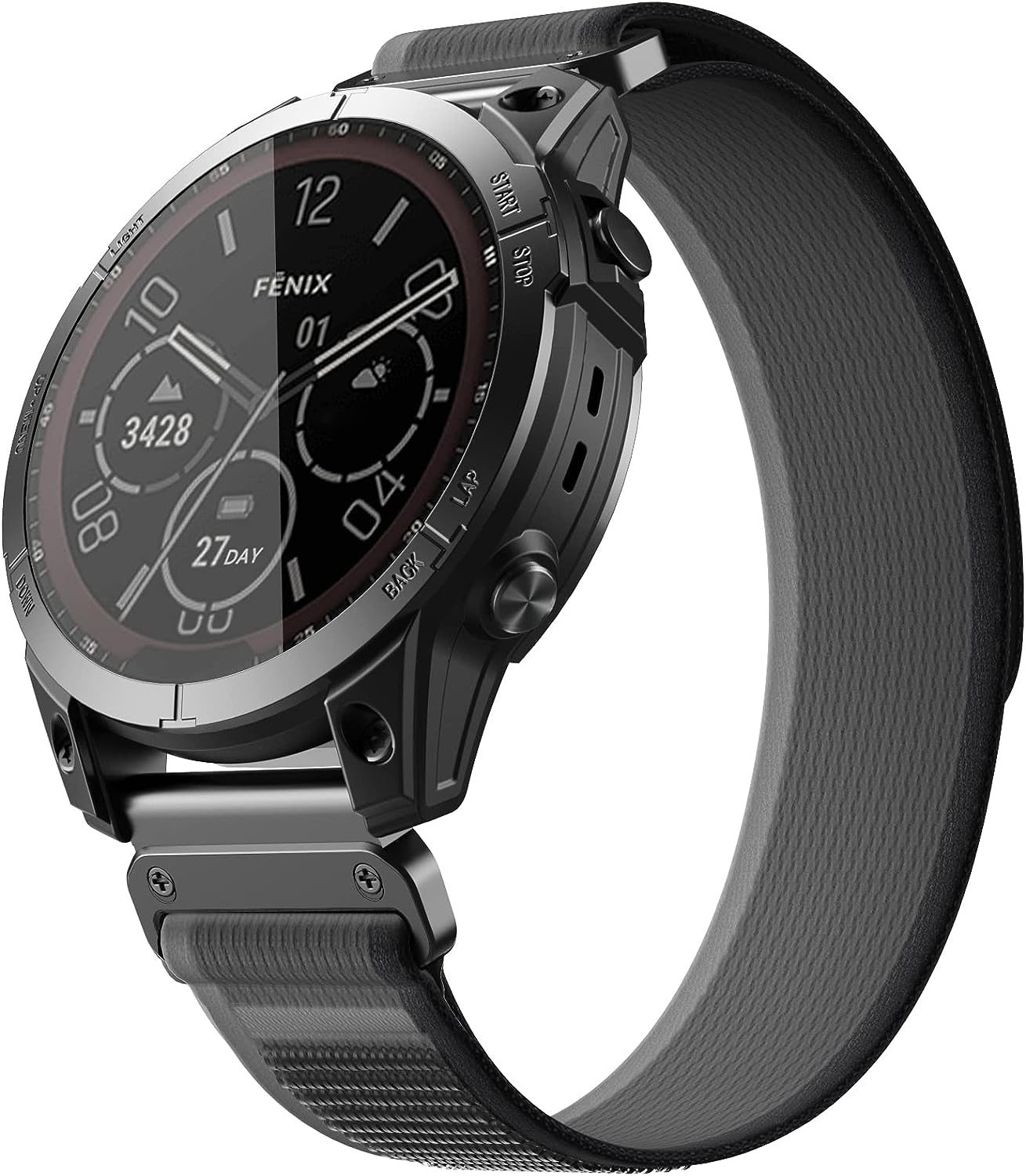 Fenix hybrid smartwatch with black dial, stainless steel case, and gray fabric quick-fit trail loop band