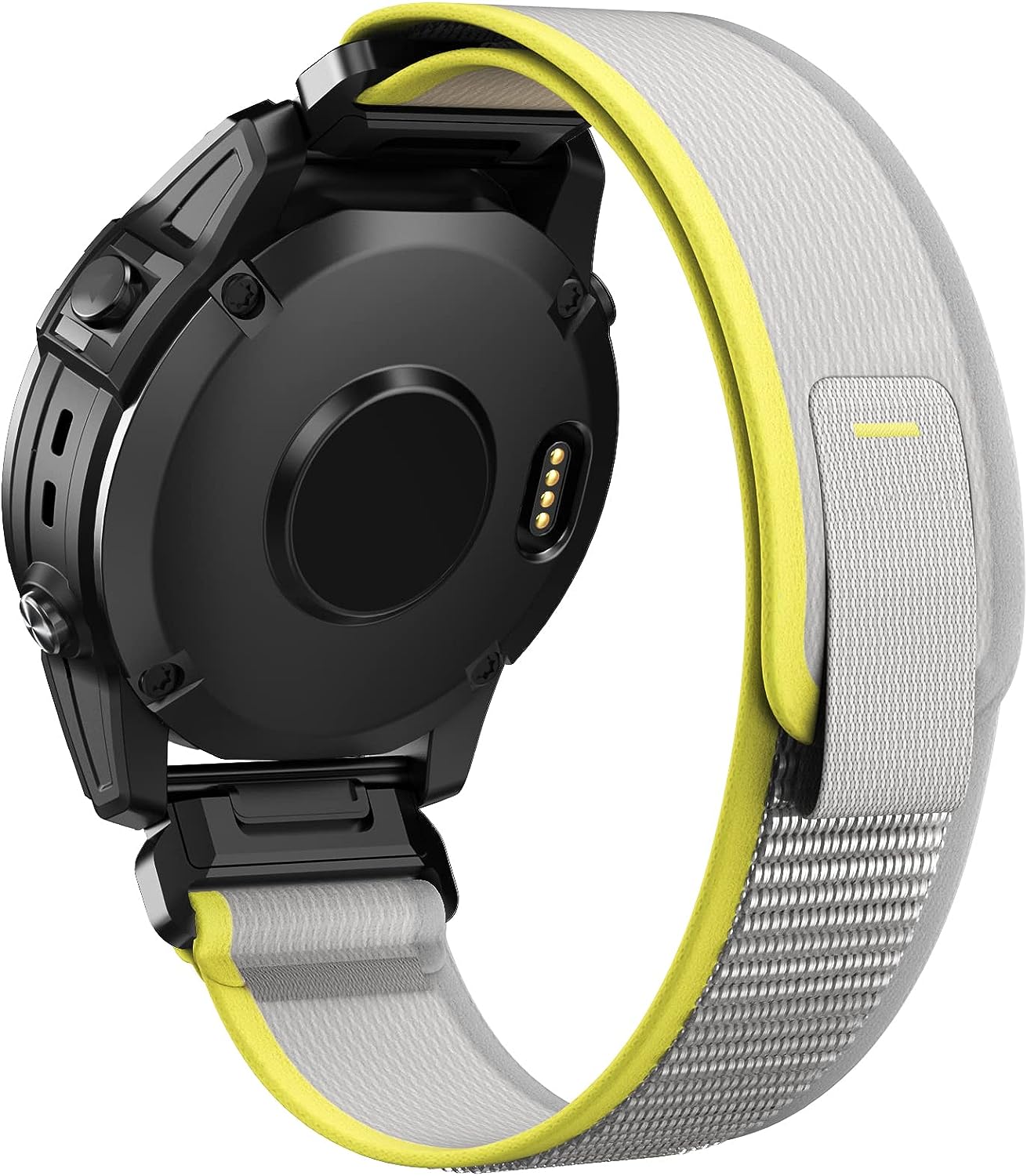 Black sport smartwatch with gray and lime green nylon quick-release band featuring gold sensor contacts
