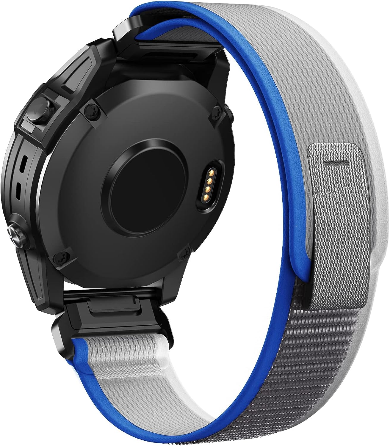 Black sports smartwatch with gray and blue nylon trail loop band, featuring gold sensor contacts