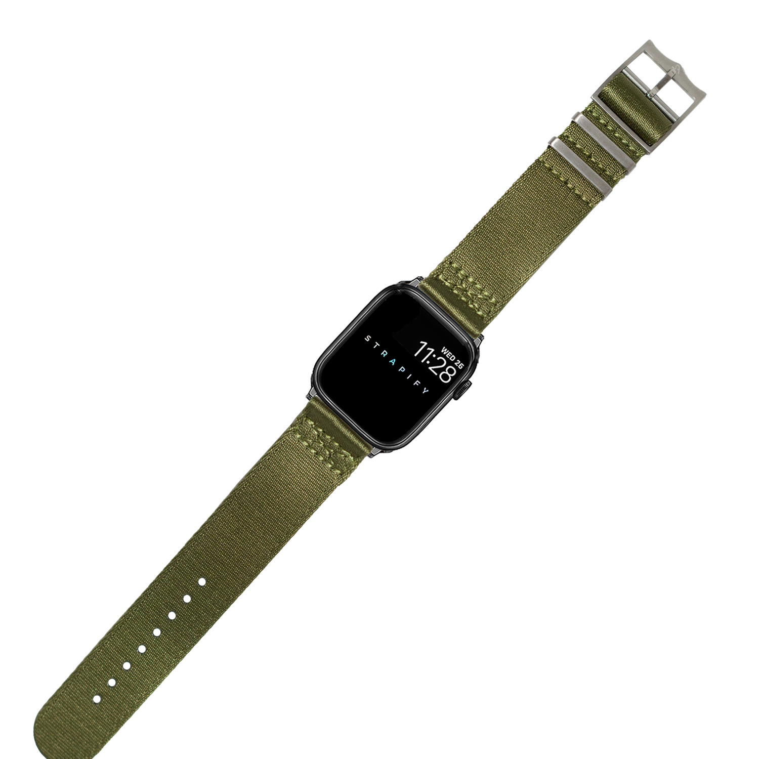 Black smartwatch with army green woven fabric strap and silver buckle, displaying time on screen