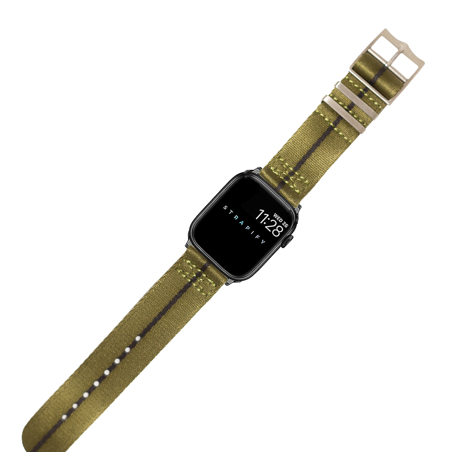 Apple Watch smartwatch with olive green fabric military band and black stainless steel case displaying time on screen