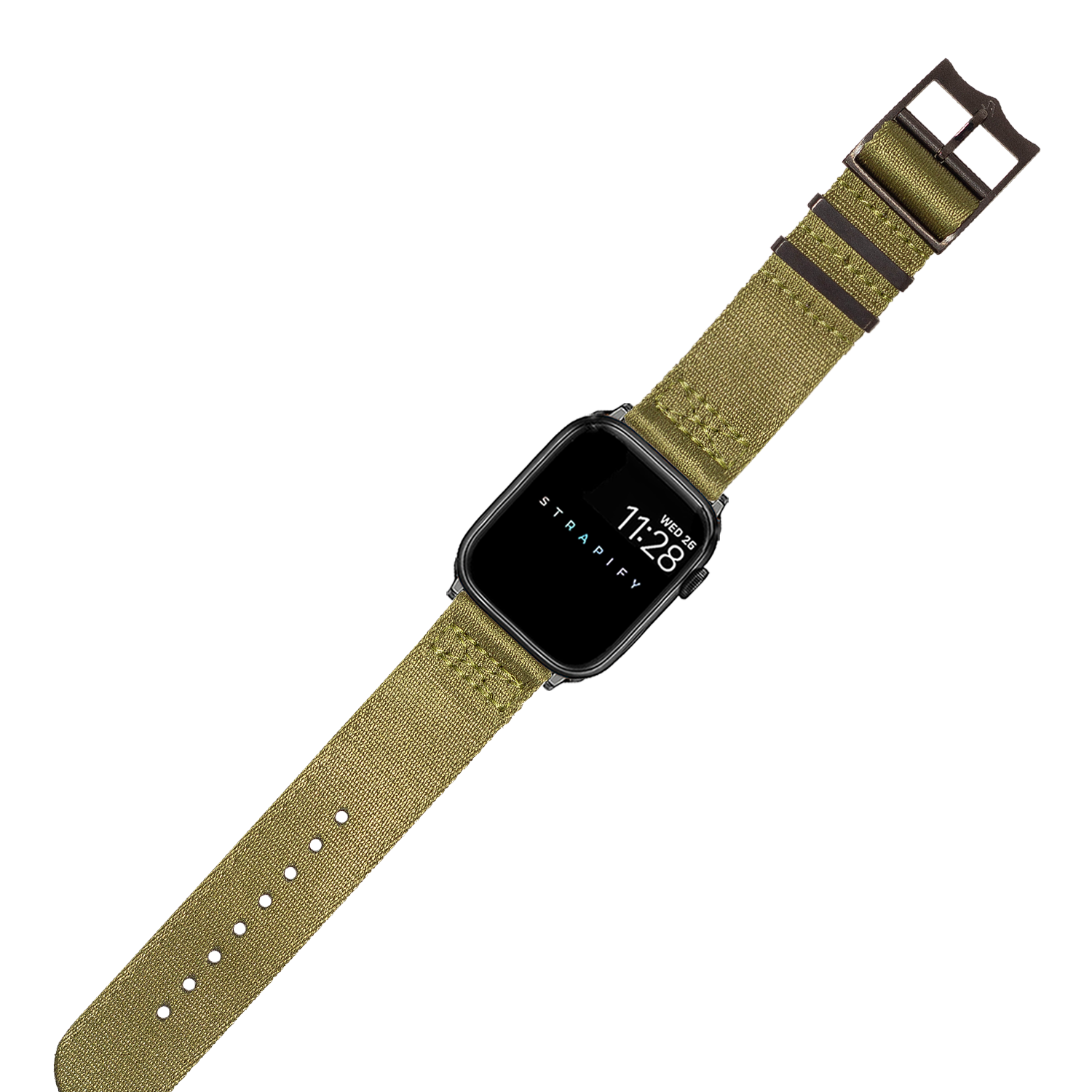 Smartwatch with square black face displaying time on olive green canvas strap with black hardware buckle and adjustment holes