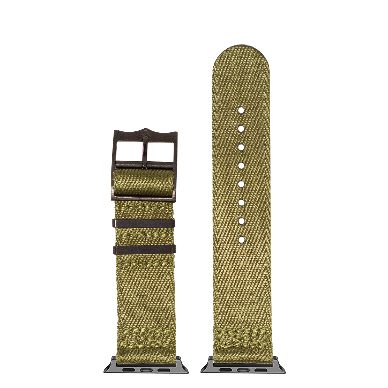 Olive green fabric Apple Watch band with black hardware buckle and connector, displayed flat on white background