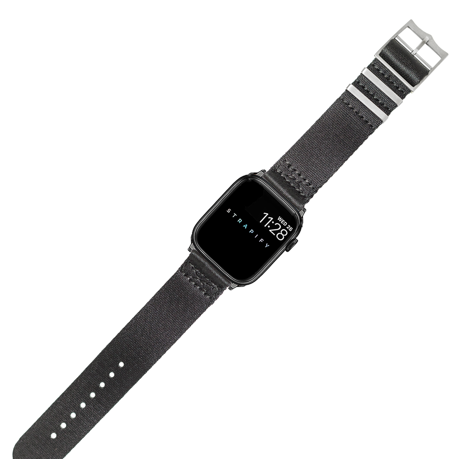 Black fabric smartwatch band with striped pattern detail and silver buckle for Apple Watch Ultra, military-style woven strap