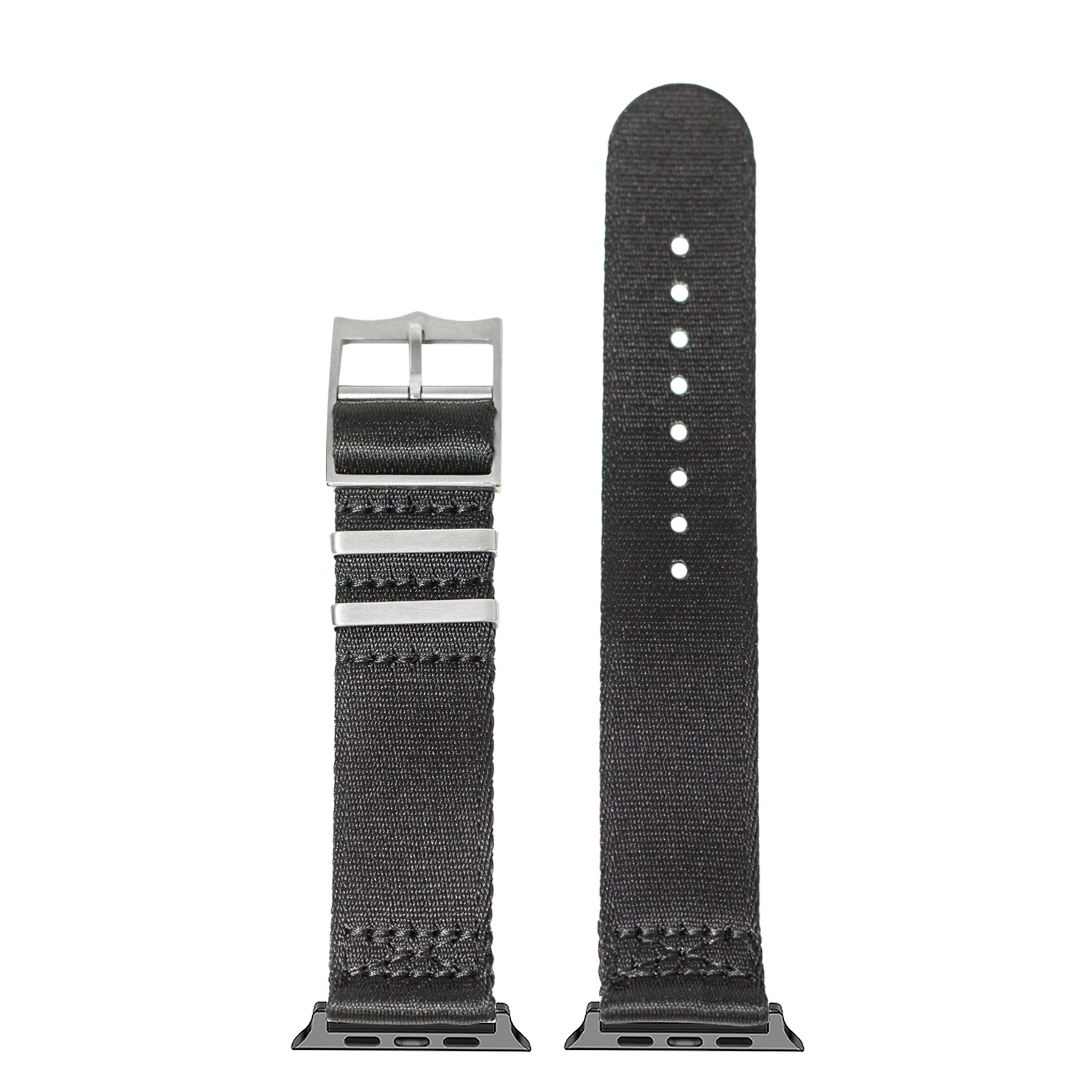 Black woven nylon Apple Watch band with silver buckle, shown both unfastened and on watch case